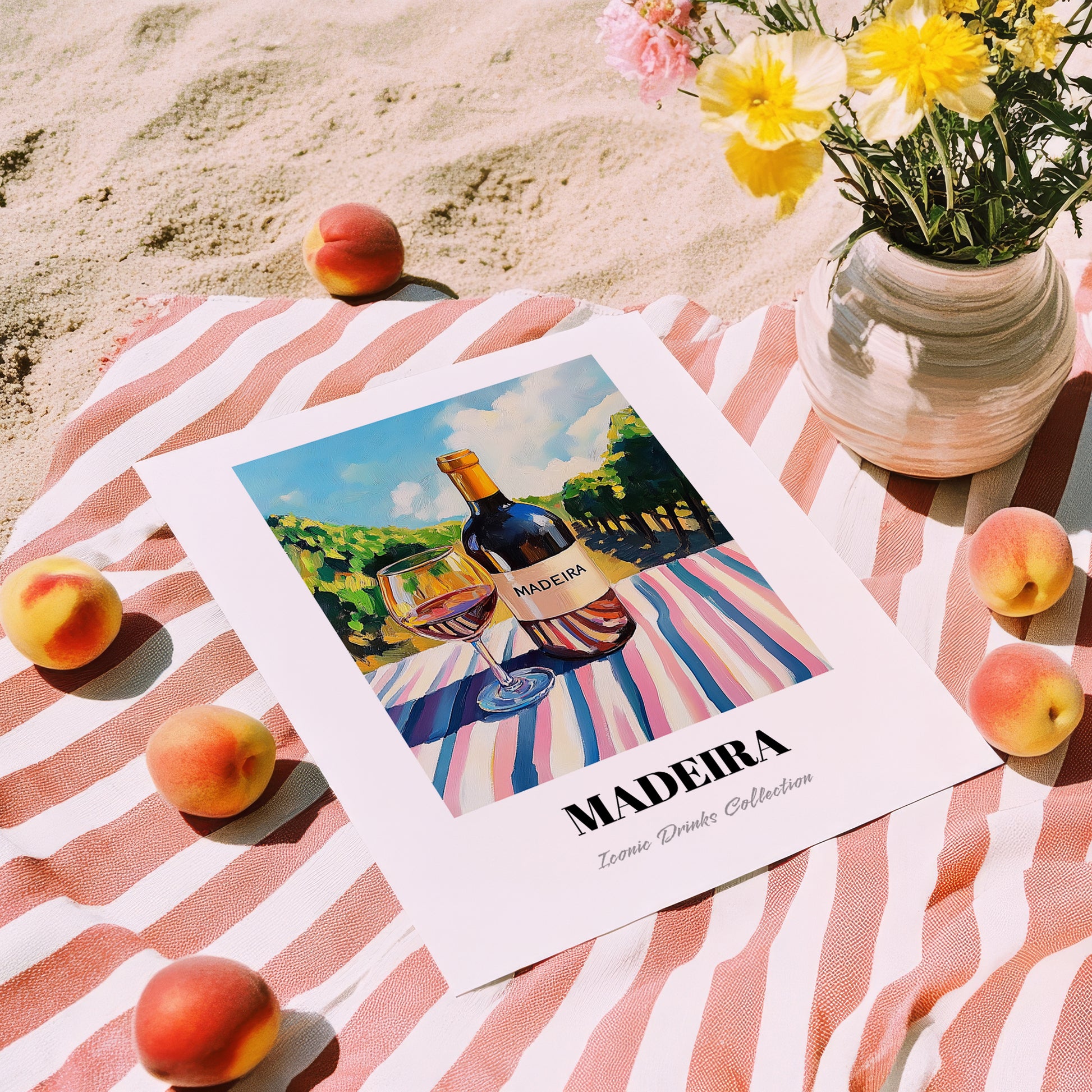 Madeira – Portuguese Hilltop Café Scene, Portuguese Dessert Wine Poster, unframed on coastal sand