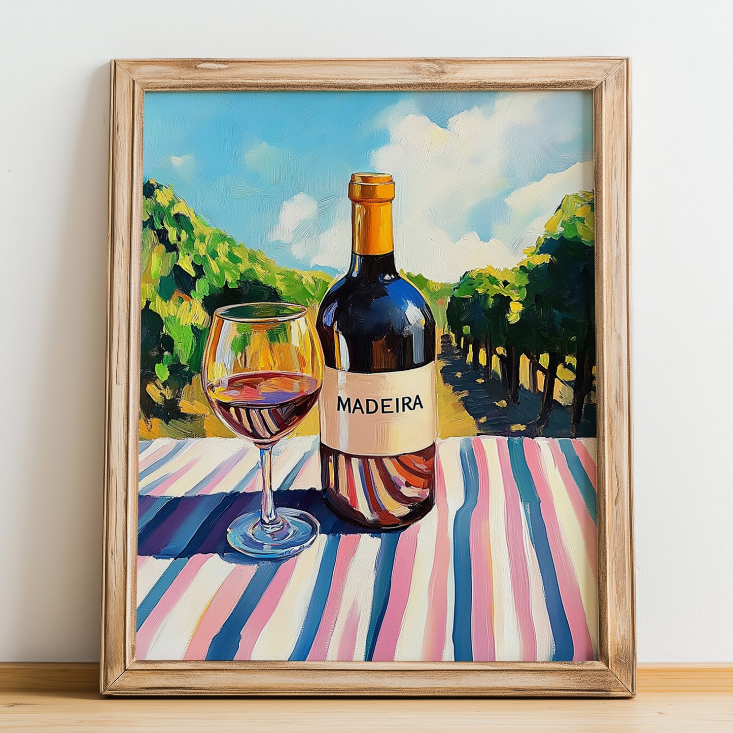 Madeira – Portuguese Hilltop Café Scene, Portuguese Dessert Wine Poster, no-text version framed in wood