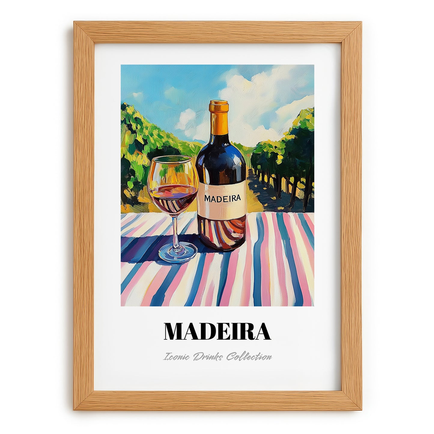 Madeira – Portuguese Hilltop Café Scene, Portuguese Dessert Wine Poster, set in oak frame