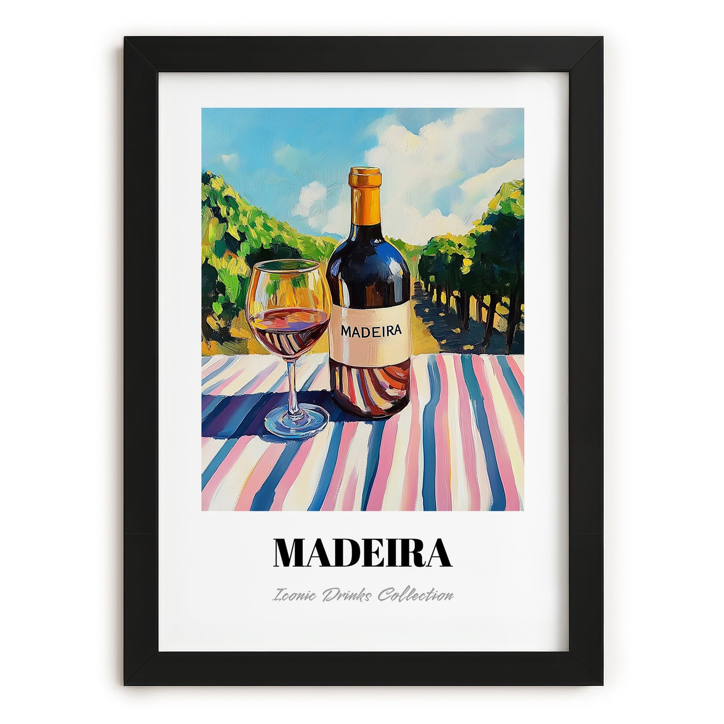 Madeira – Portuguese Hilltop Café Scene, Portuguese Dessert Wine Poster, in sleek black frame
