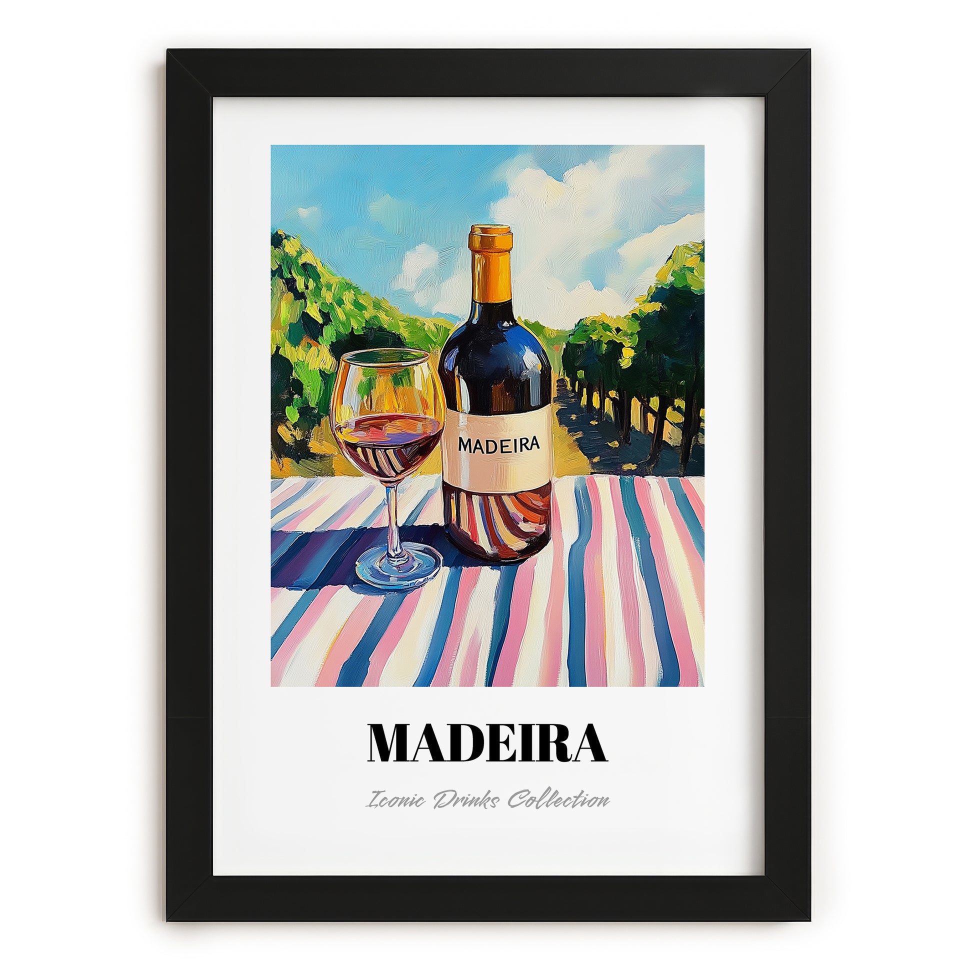 Madeira – Portuguese Hilltop Café Scene, Portuguese Dessert Wine Poster, in sleek black frame