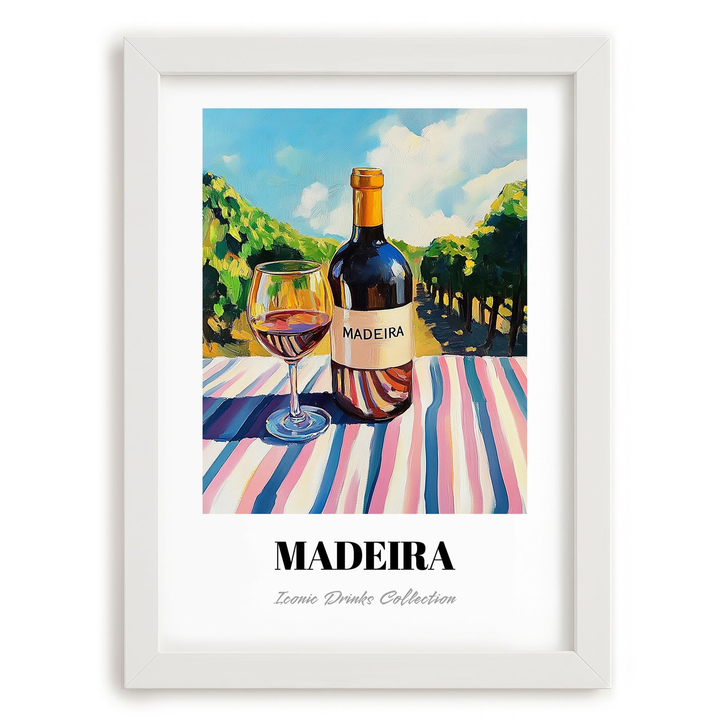 Madeira – Portuguese Hilltop Café Scene, Portuguese Dessert Wine Poster, placed in minimal white frame