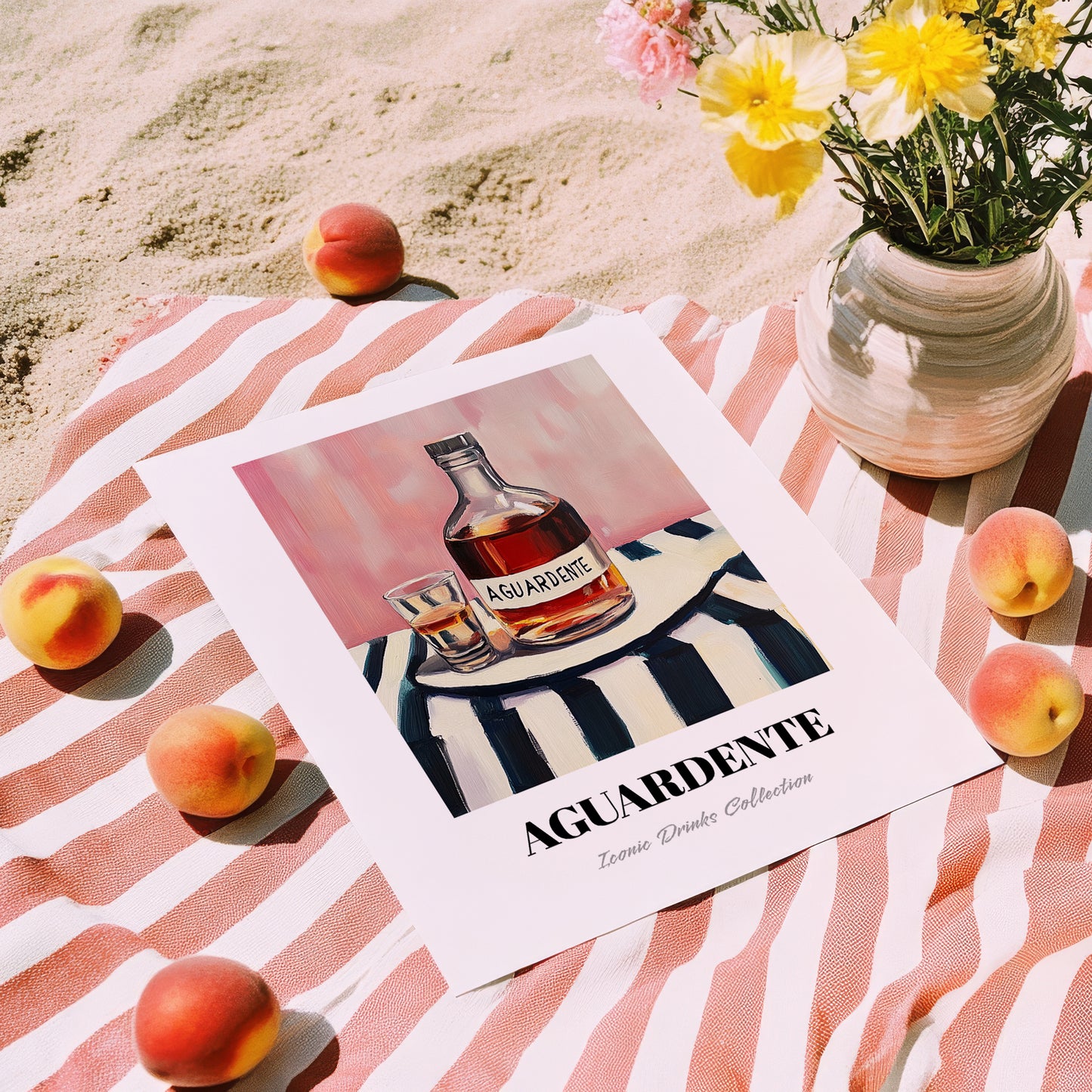 Aguardente – on Striped Tablecloth, Portuguese Spirit Wall Decor, unframed on coastal sand