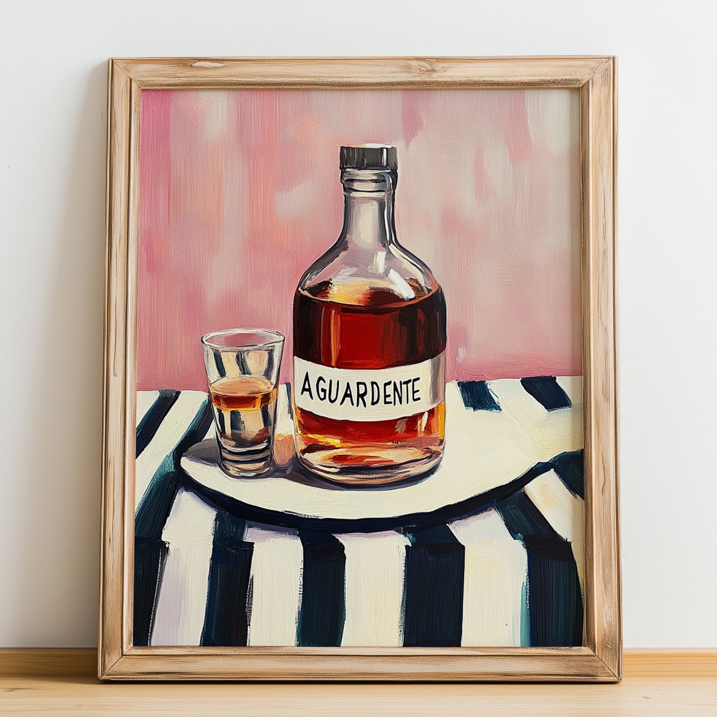 Aguardente – on Striped Tablecloth, Portuguese Spirit Wall Decor, no-text version framed in wood