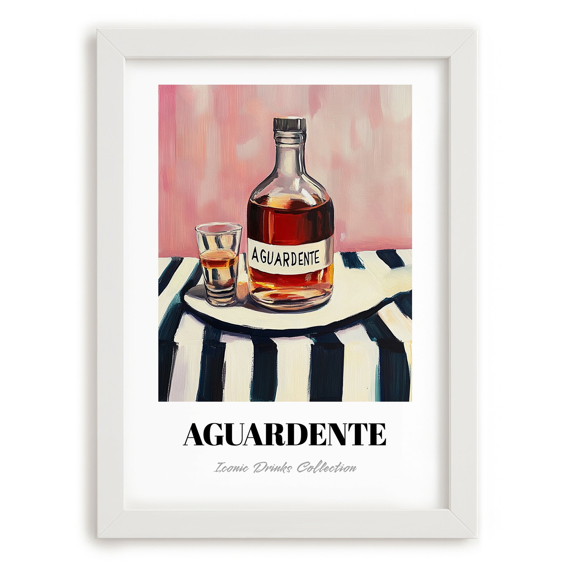 Aguardente – on Striped Tablecloth, Portuguese Spirit Wall Decor, placed in minimal white frame