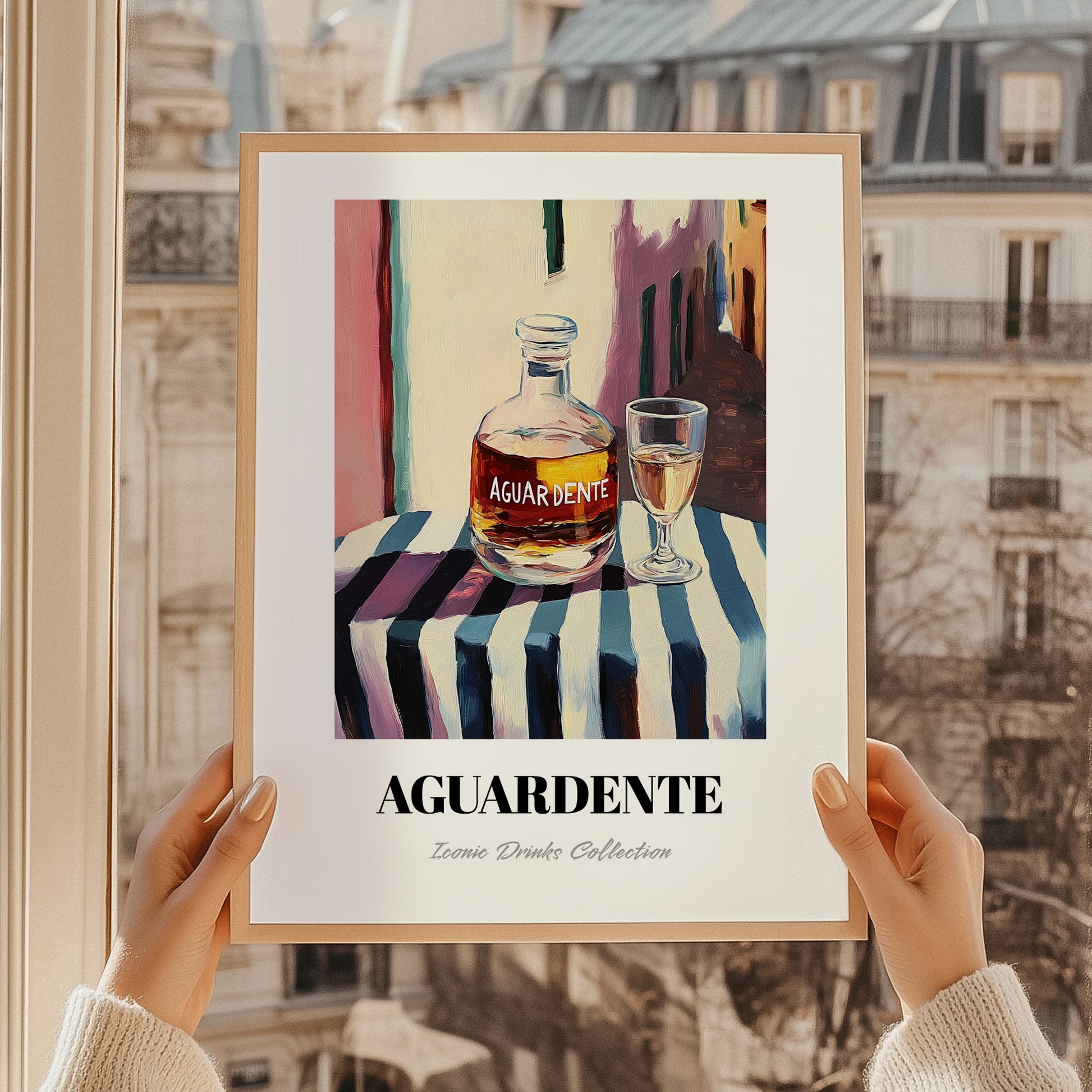Aguardente – Portuguese Outdoor Café Scene, Portuguese Spirit Painting, styled in a charming Paris street view