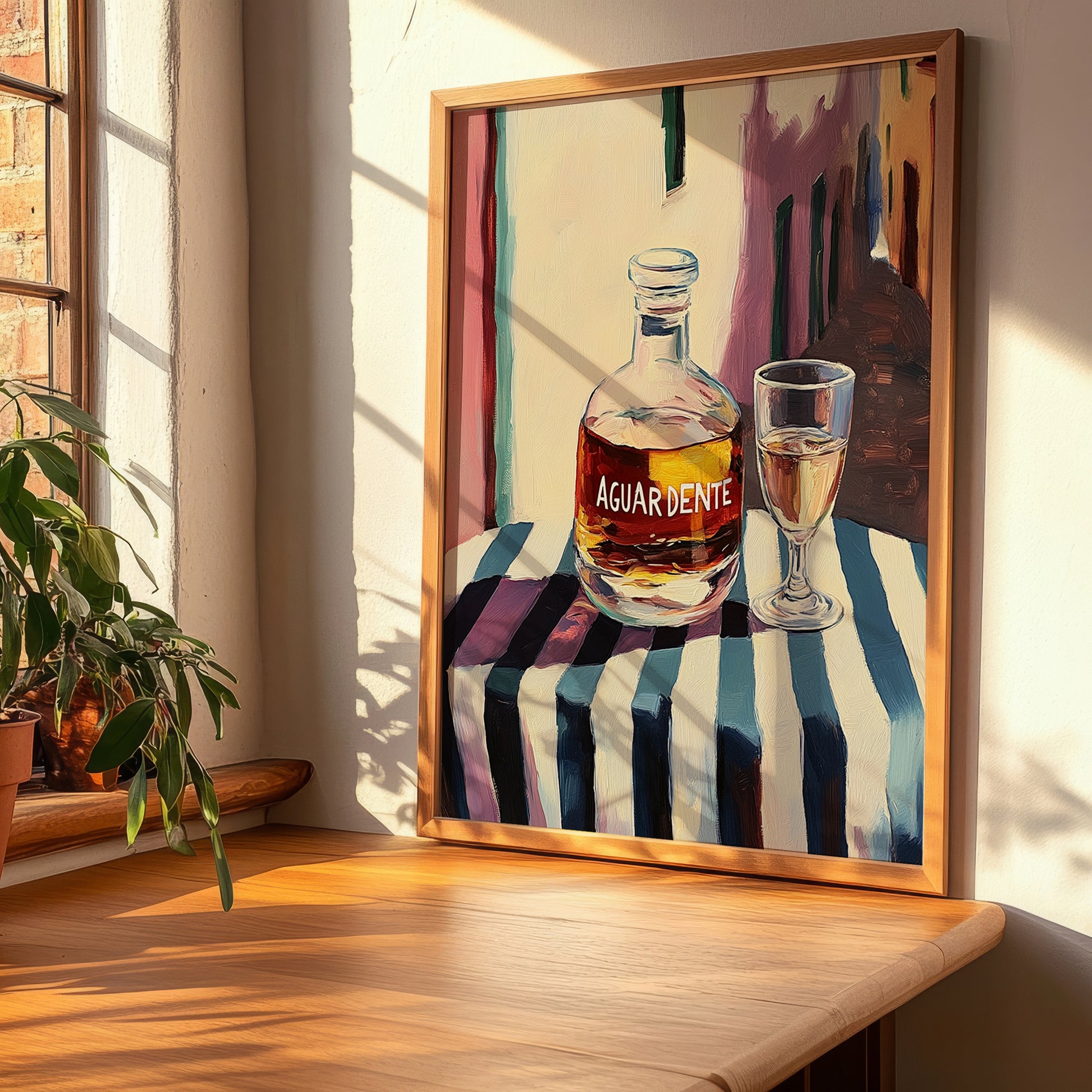 Aguardente – Portuguese Outdoor Café Scene, Portuguese Spirit Painting, clean layout with no caption