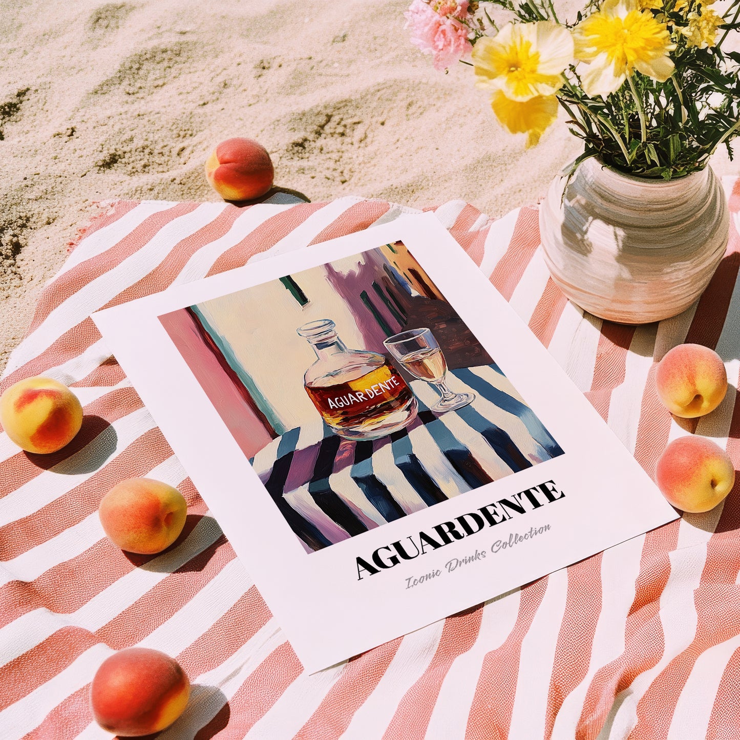 Aguardente – Portuguese Outdoor Café Scene, Portuguese Spirit Painting, unframed on coastal sand