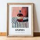 Ginjinha – on Striped Tablecloth, Portuguese Spirit Illustration, in wooden frame leaning on the floor