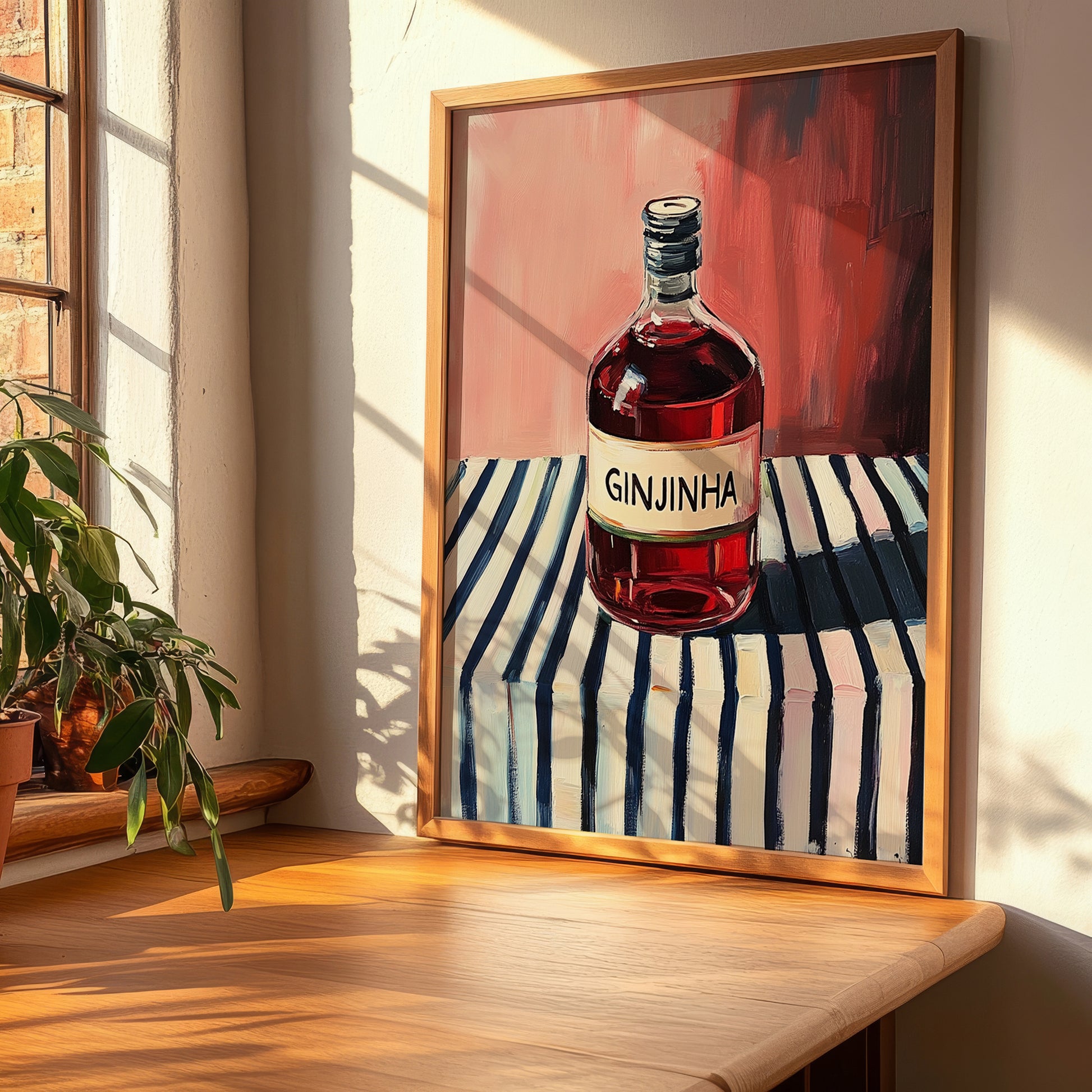 Ginjinha – on Striped Tablecloth, Portuguese Spirit Illustration, clean layout with no caption