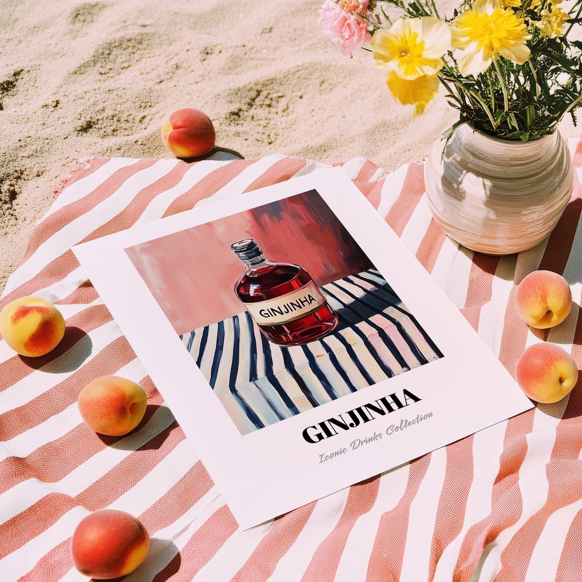 Ginjinha – on Striped Tablecloth, Portuguese Spirit Illustration, unframed on coastal sand