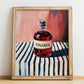 Ginjinha – on Striped Tablecloth, Portuguese Spirit Illustration, no-text version framed in wood