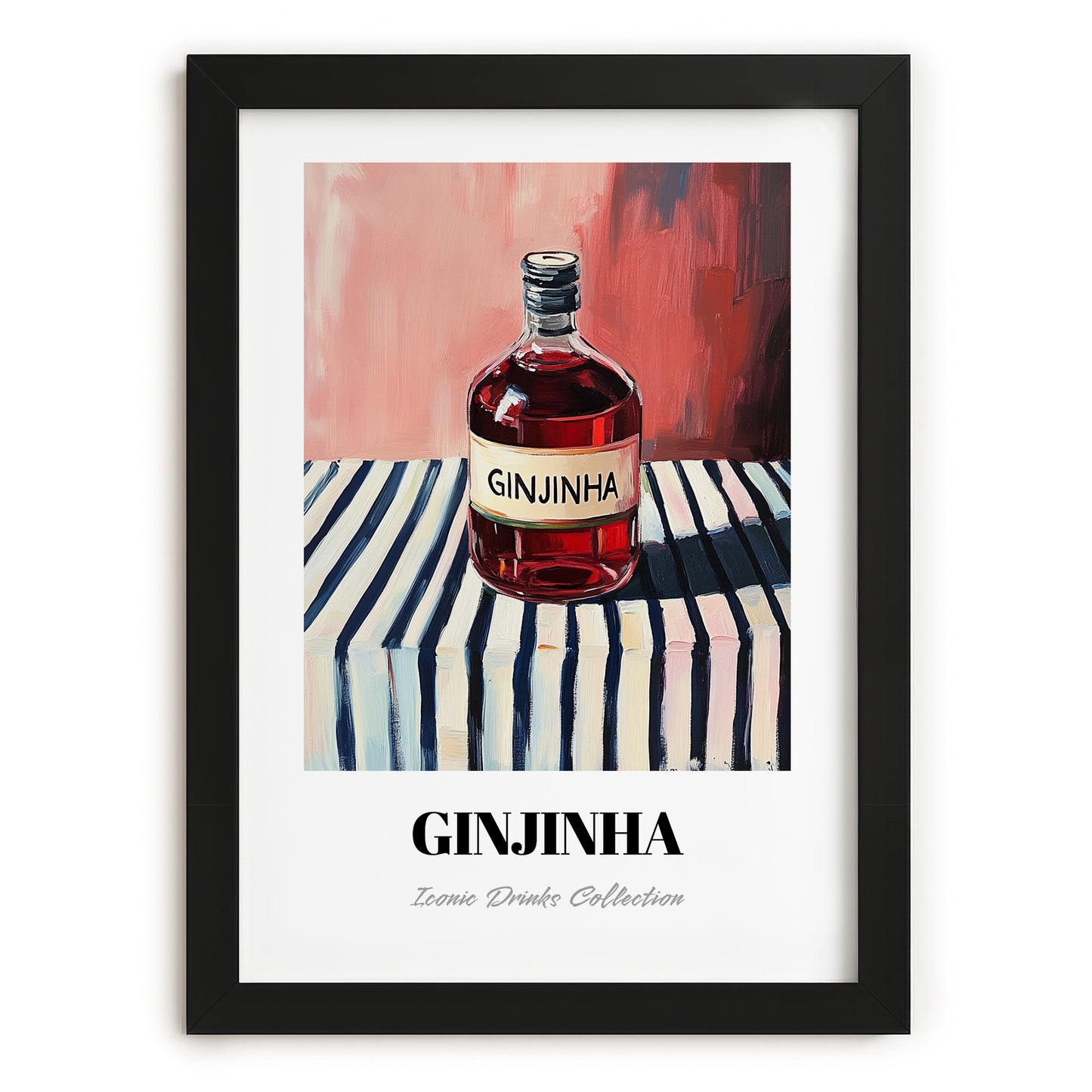 Ginjinha – on Striped Tablecloth, Portuguese Spirit Illustration, in sleek black frame