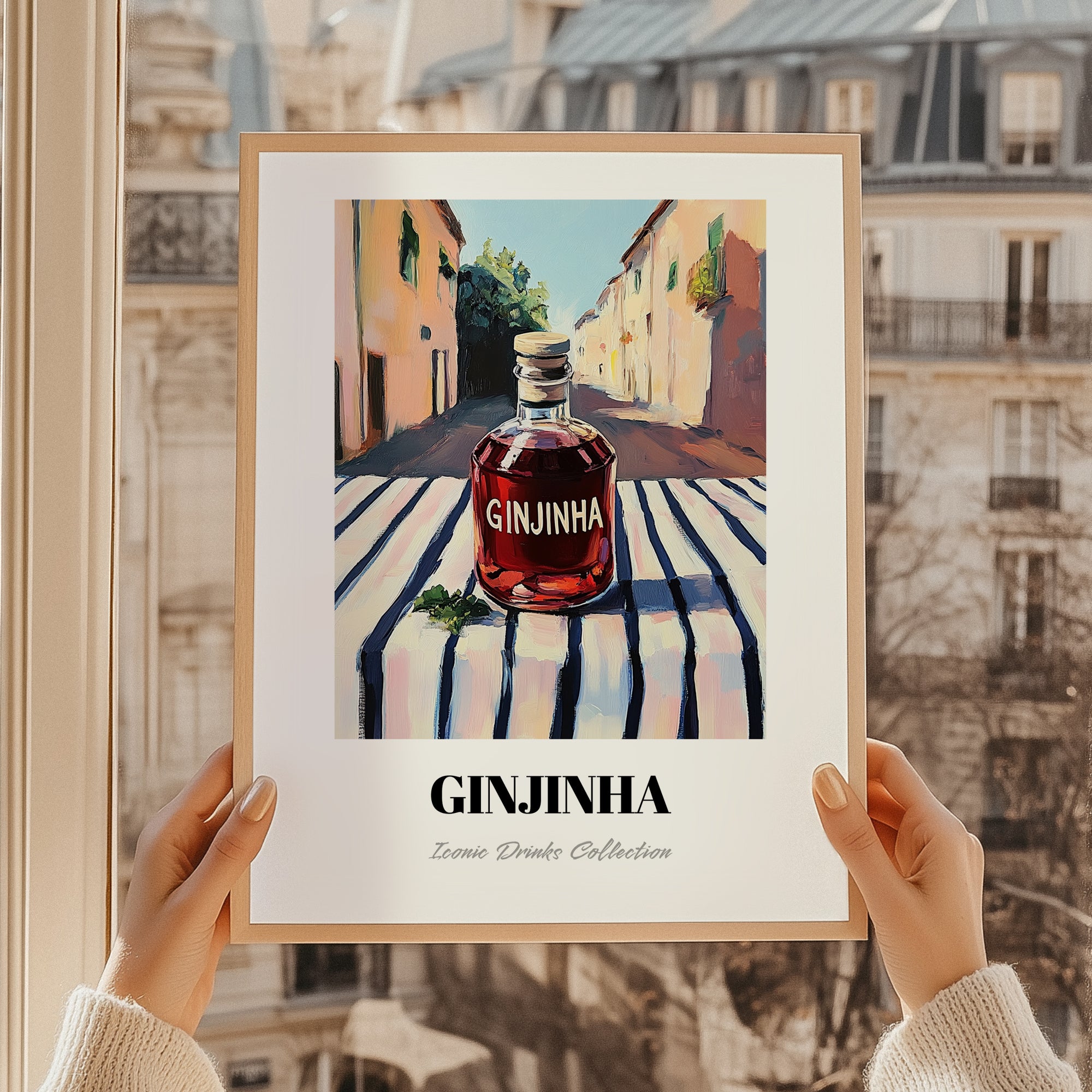 Ginjinha – Portuguese Street Café Scene, Portuguese Spirit Wall Decor, styled in a charming Paris street view