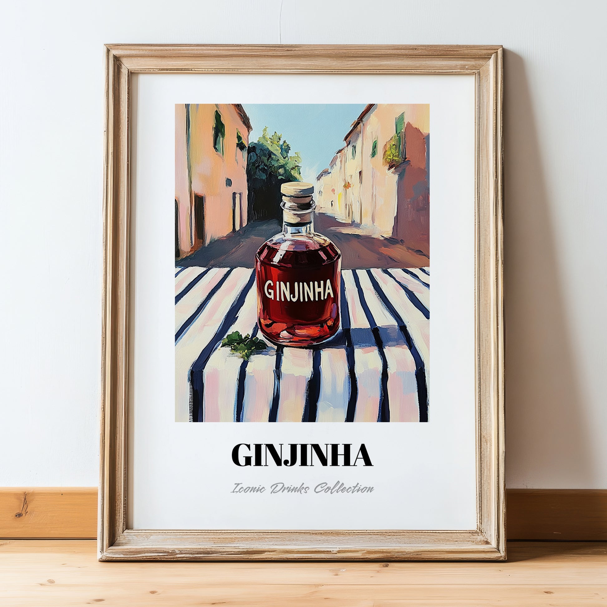 Ginjinha – Portuguese Street Café Scene, Portuguese Spirit Wall Decor, in wooden frame leaning on the floor