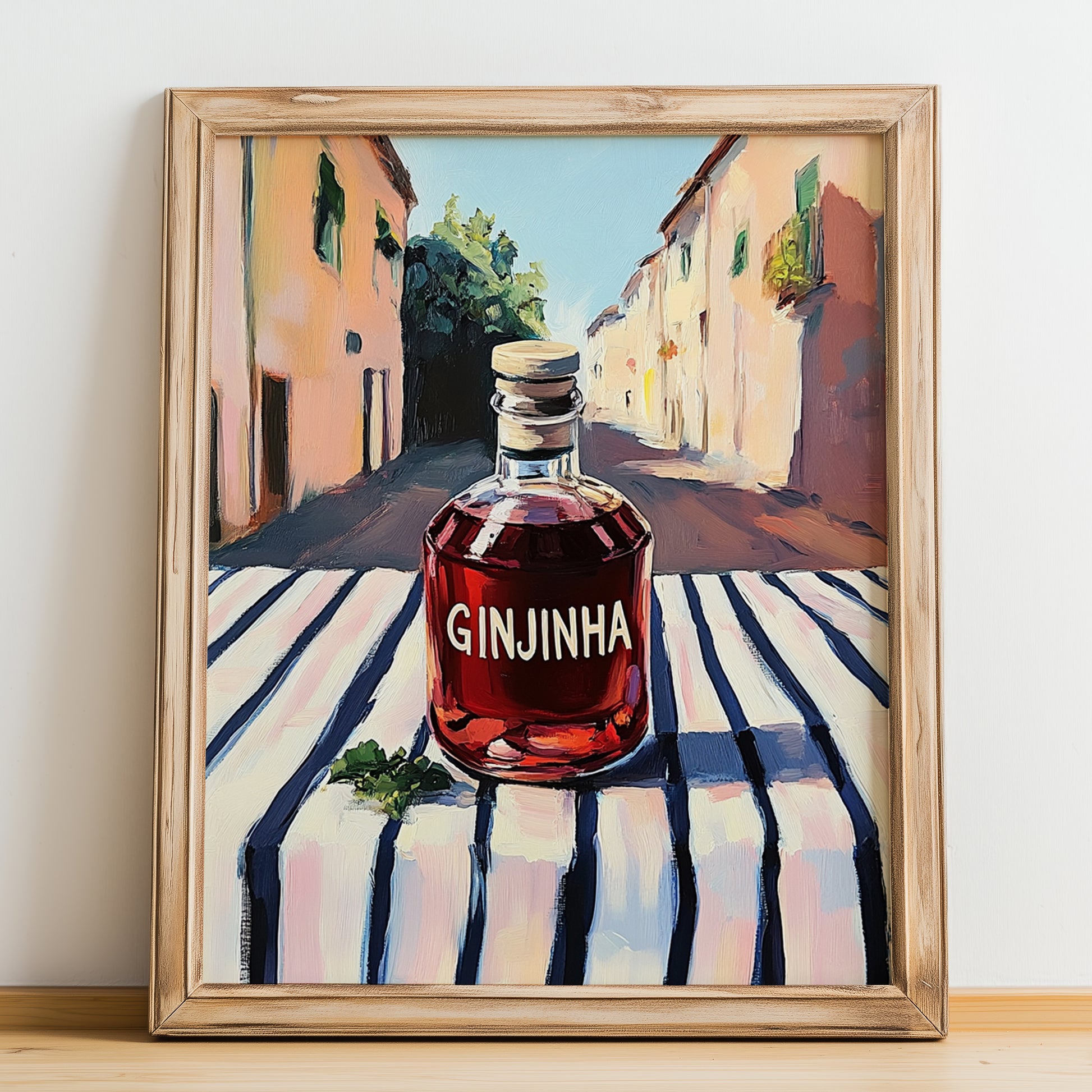 Ginjinha – Portuguese Street Café Scene, Portuguese Spirit Wall Decor, no-text version framed in wood