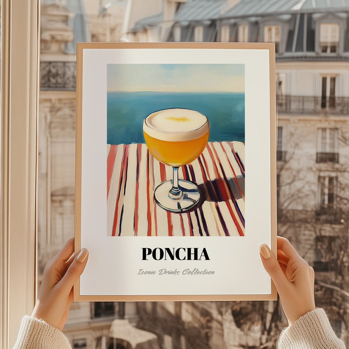 Poncha – Portuguese Coastal Café Moment, Portuguese Cocktail Illustration, styled in a charming Paris street view