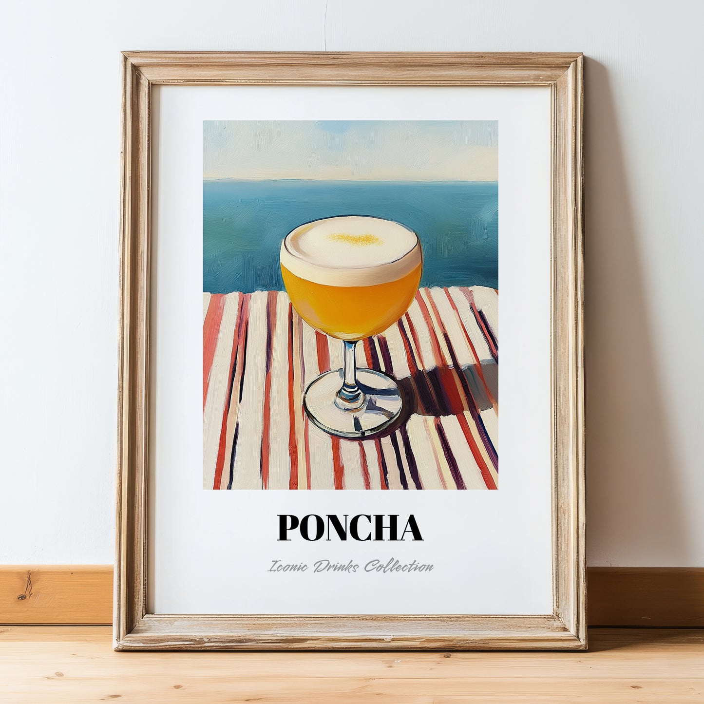 Poncha – Portuguese Coastal Café Moment, Portuguese Cocktail Illustration, in wooden frame leaning on the floor