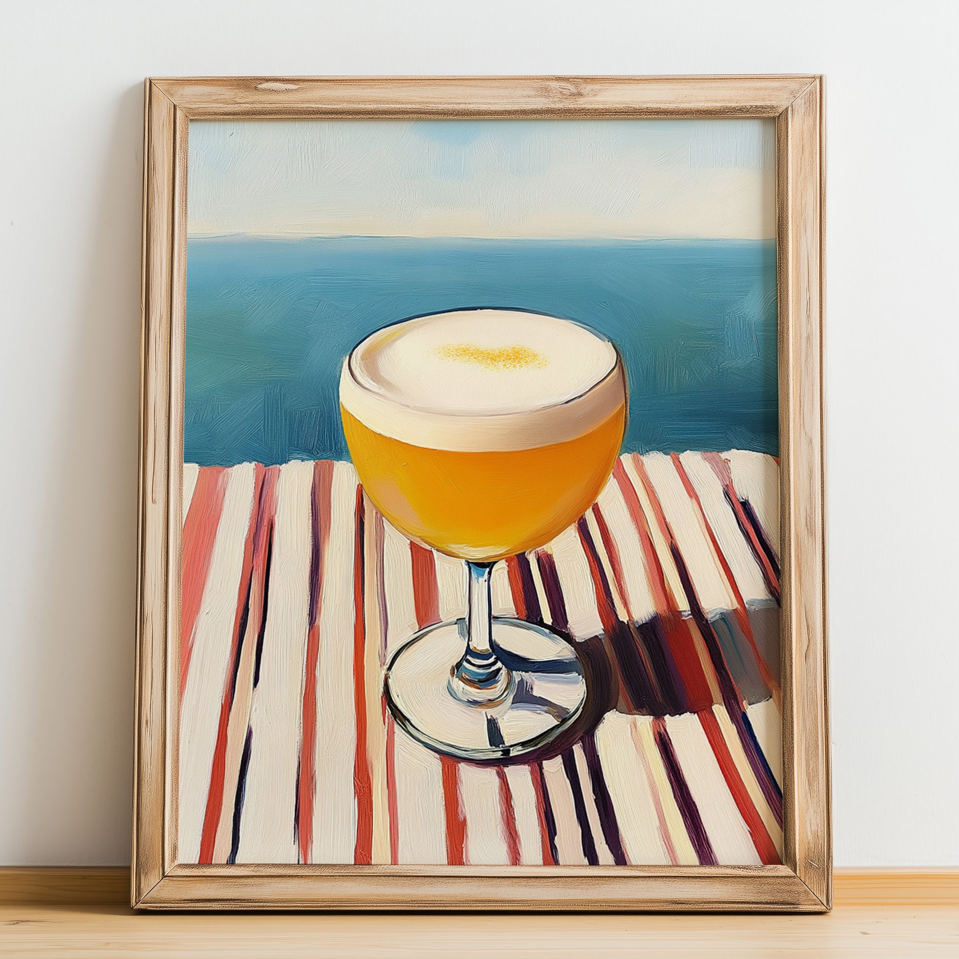 Poncha – Portuguese Coastal Café Moment, Portuguese Cocktail Illustration, no-text version framed in wood