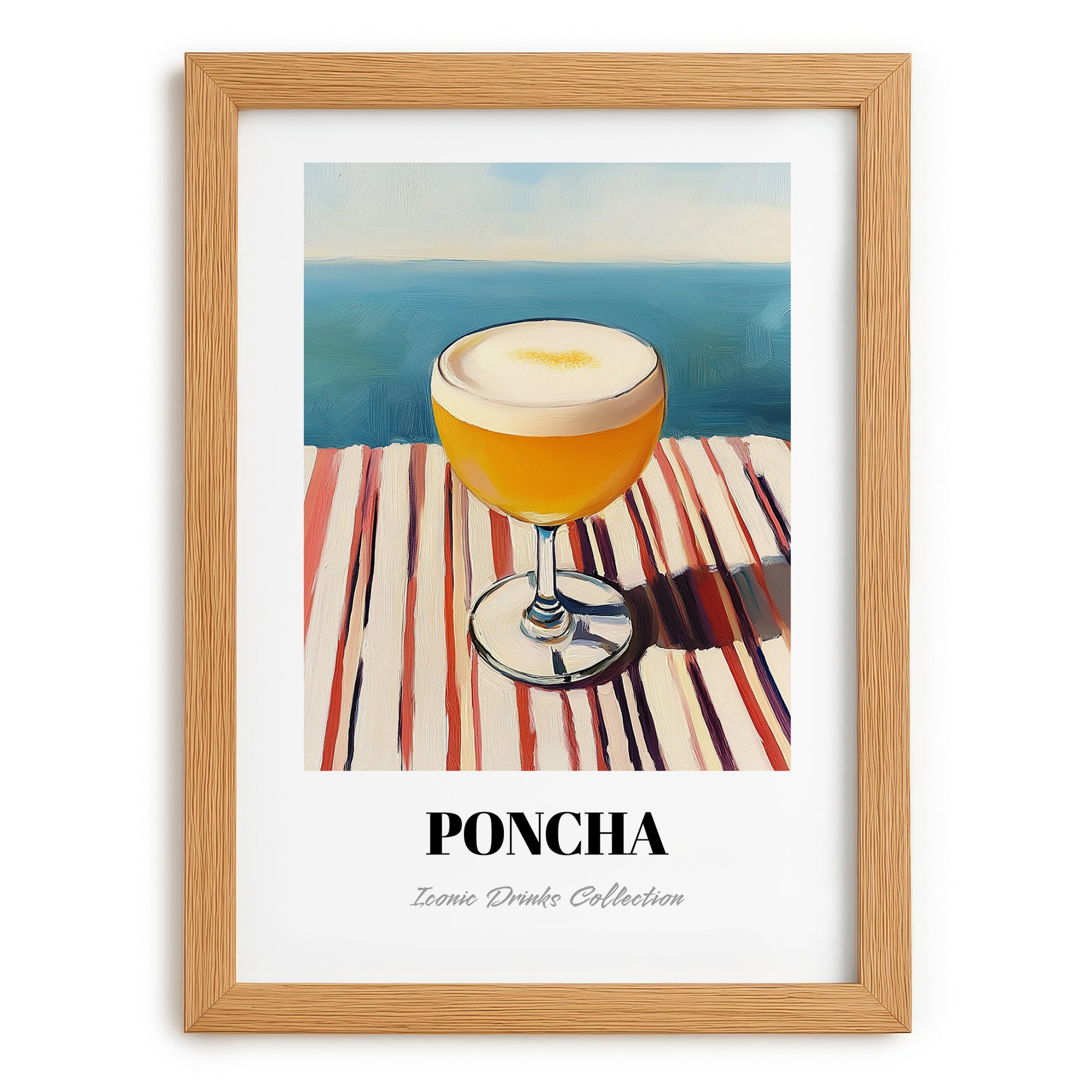 Poncha – Portuguese Coastal Café Moment, Portuguese Cocktail Illustration, set in oak frame