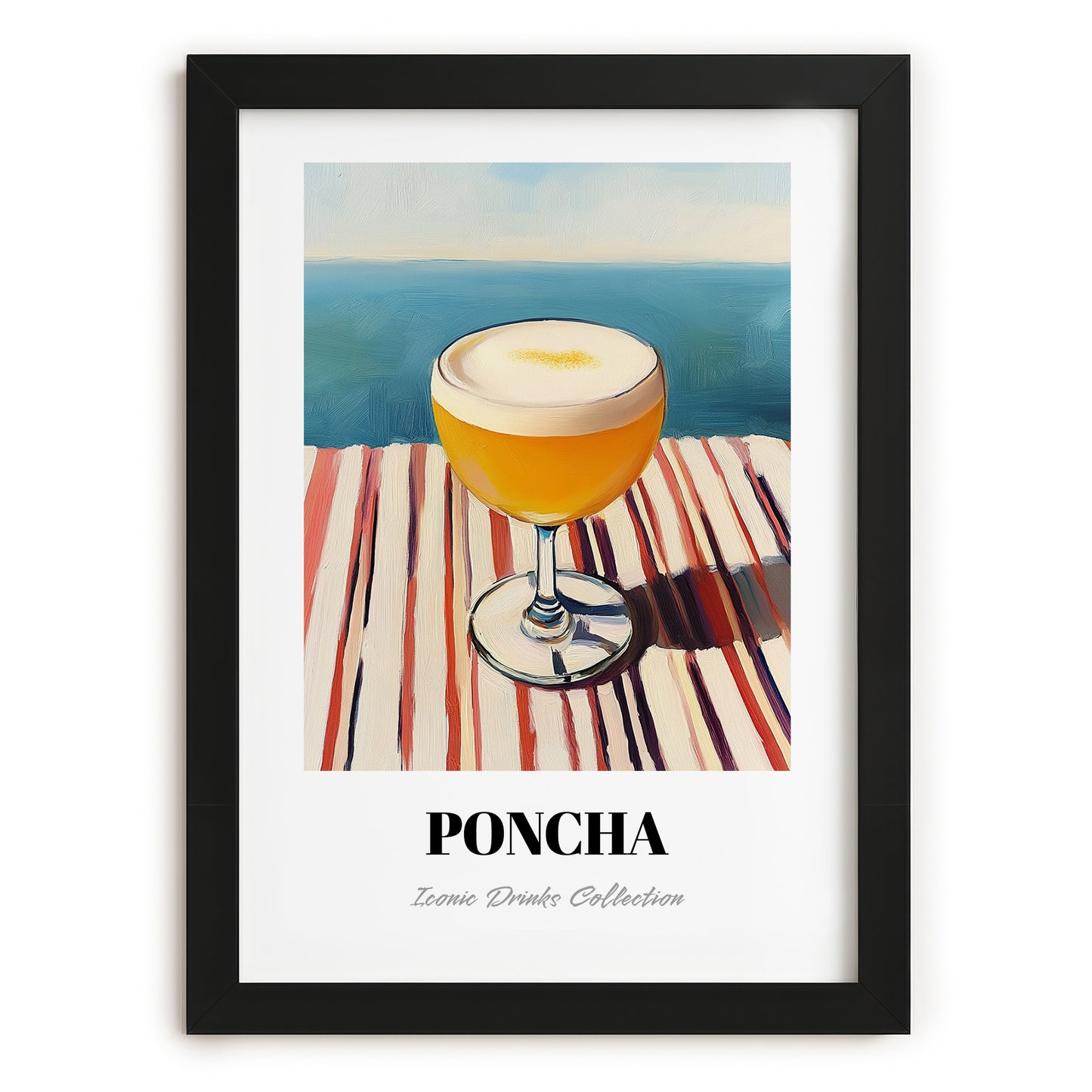 Poncha – Portuguese Coastal Café Moment, Portuguese Cocktail Illustration, in sleek black frame