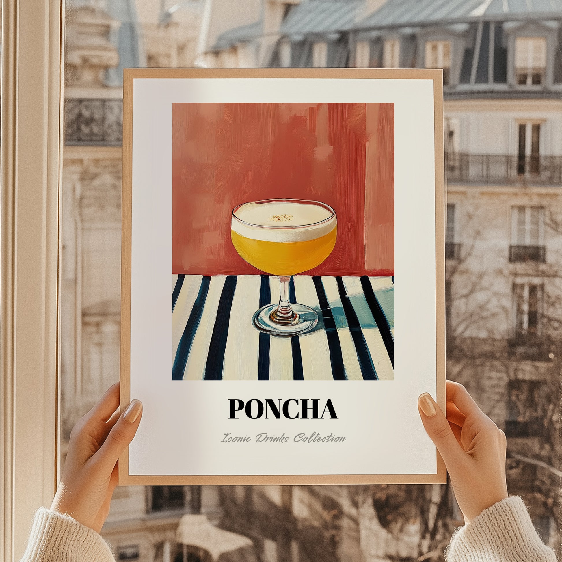 Poncha – on Striped Tablecloth, Portuguese Cocktail Poster, styled in a charming Paris street view
