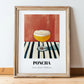 Poncha – on Striped Tablecloth, Portuguese Cocktail Poster, in wooden frame leaning on the floor