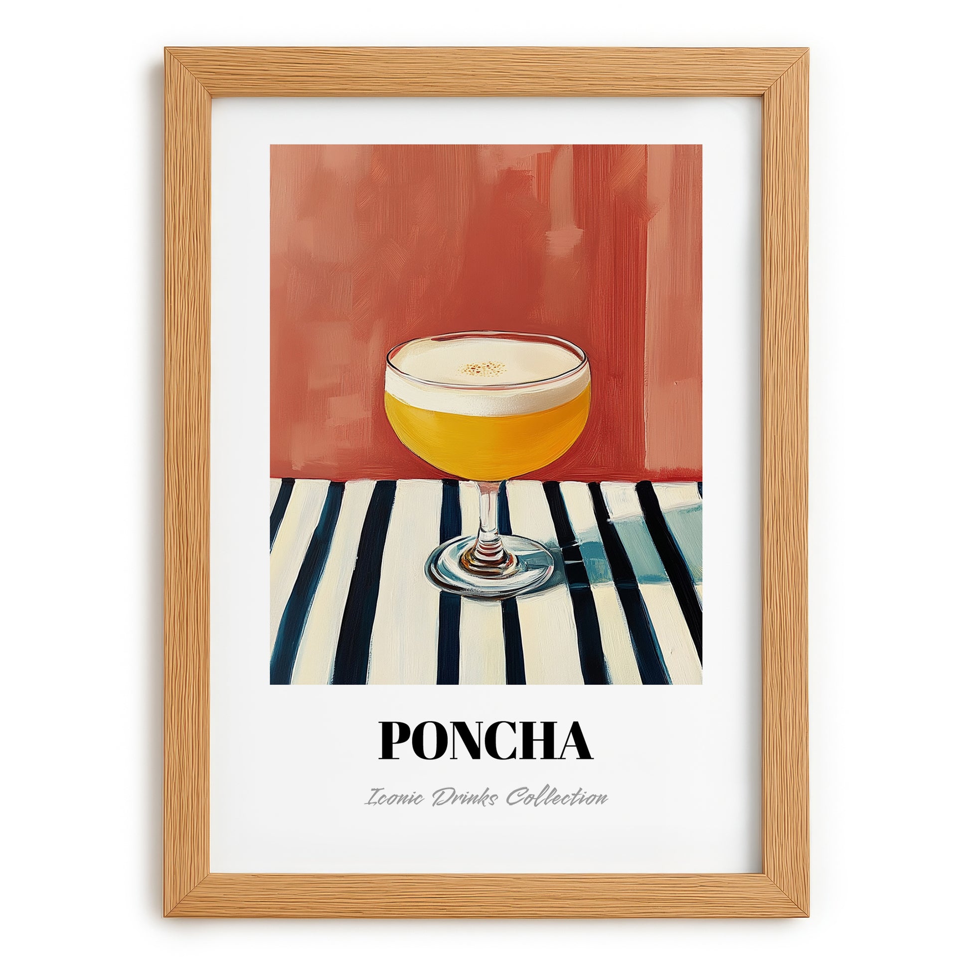 Poncha – on Striped Tablecloth, Portuguese Cocktail Poster, set in oak frame
