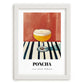 Poncha – on Striped Tablecloth, Portuguese Cocktail Poster, placed in minimal white frame