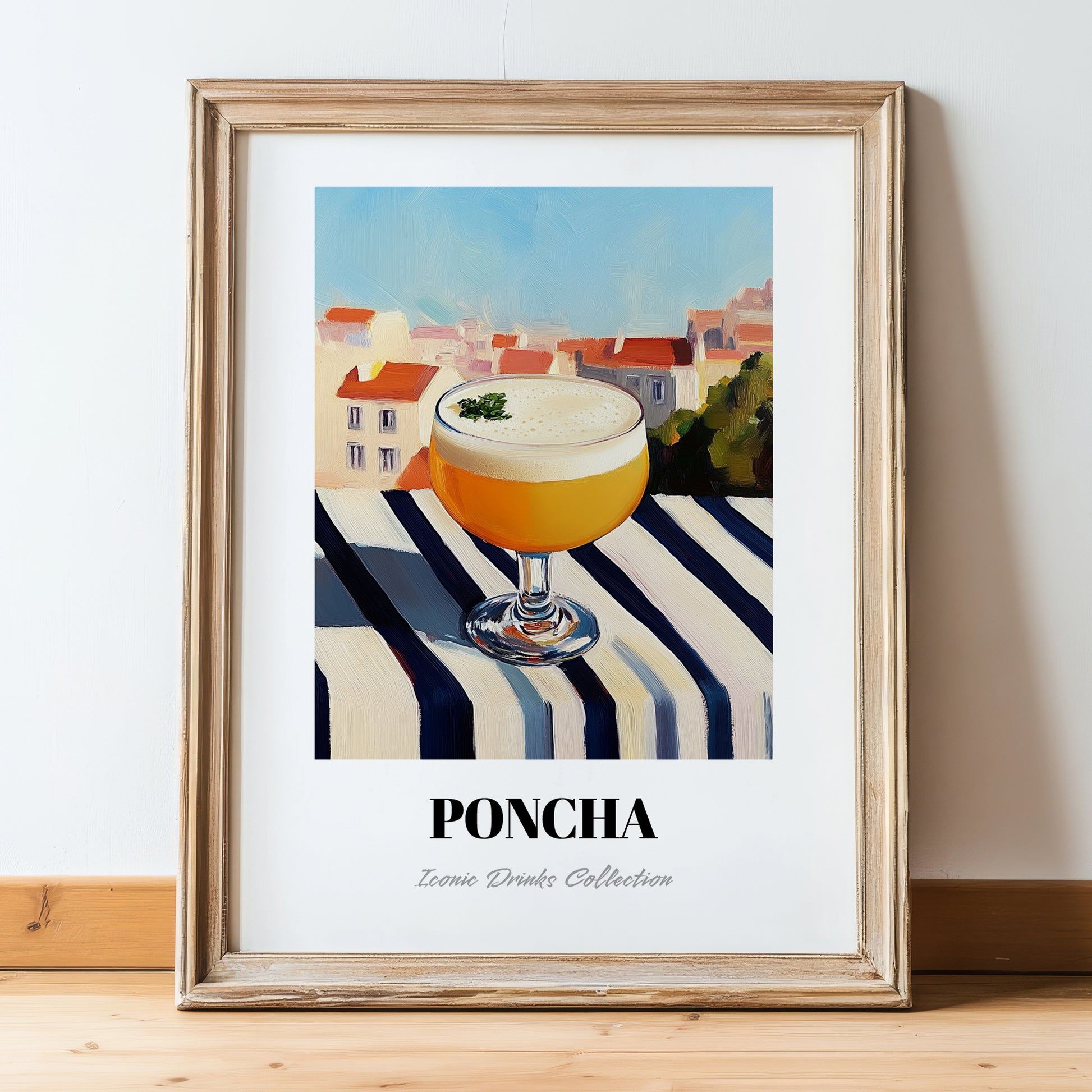 Poncha – Portuguese Outdoor Café Scene, Portuguese Cocktail Painting, in wooden frame leaning on the floor
