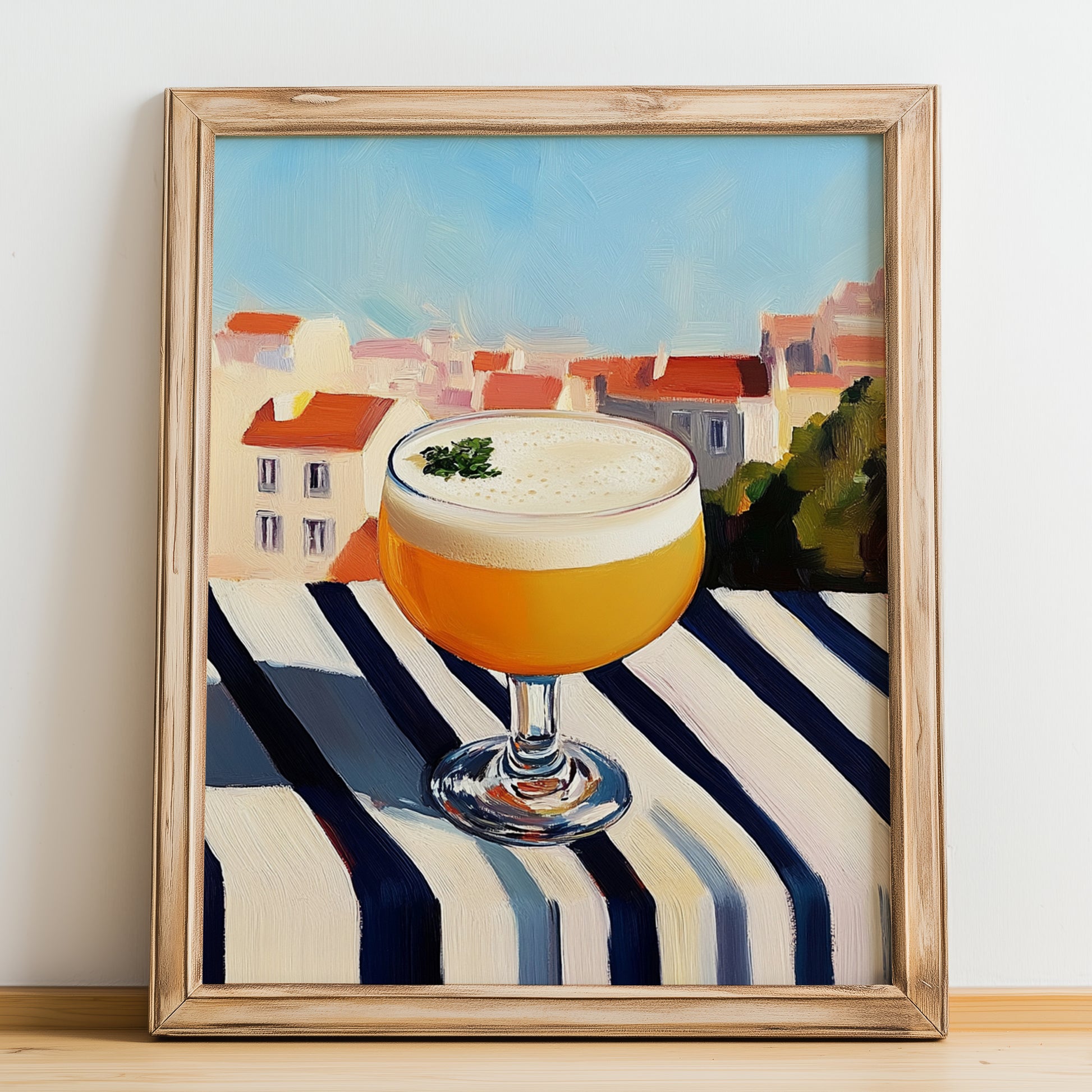 Poncha – Portuguese Outdoor Café Scene, Portuguese Cocktail Painting, no-text version framed in wood