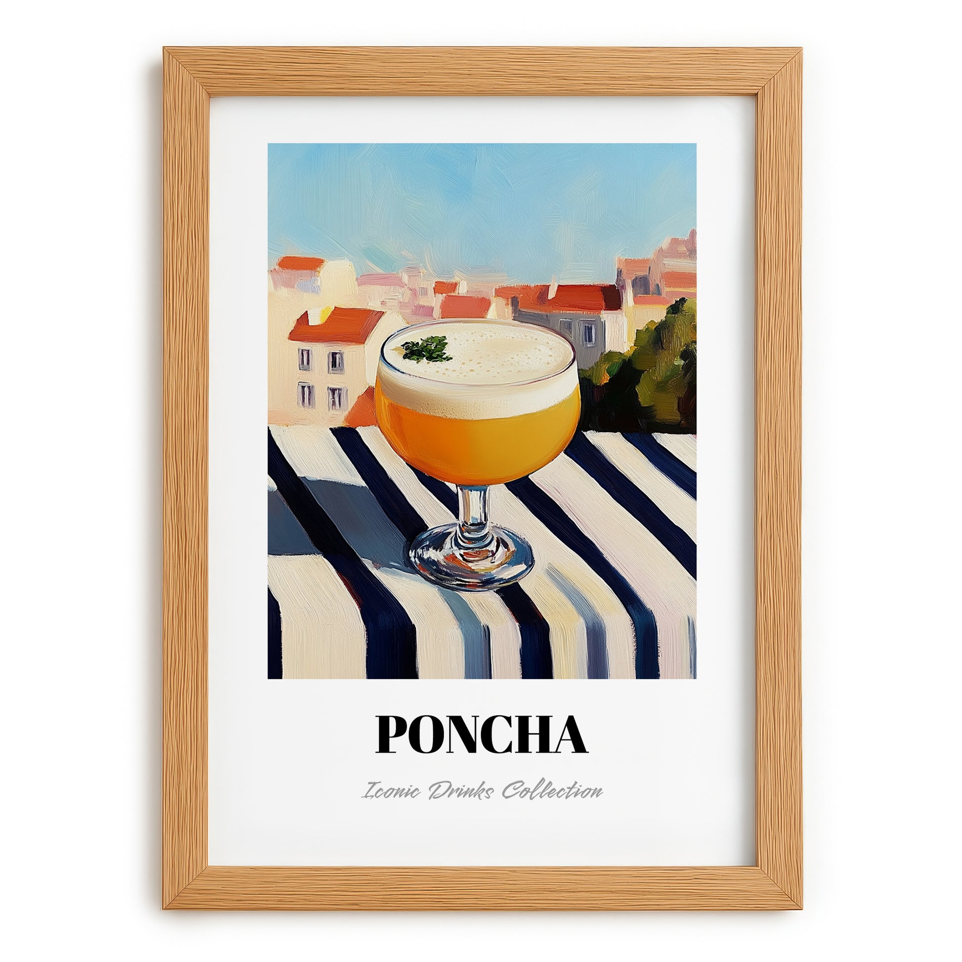 Poncha – Portuguese Outdoor Café Scene, Portuguese Cocktail Painting, set in oak frame
