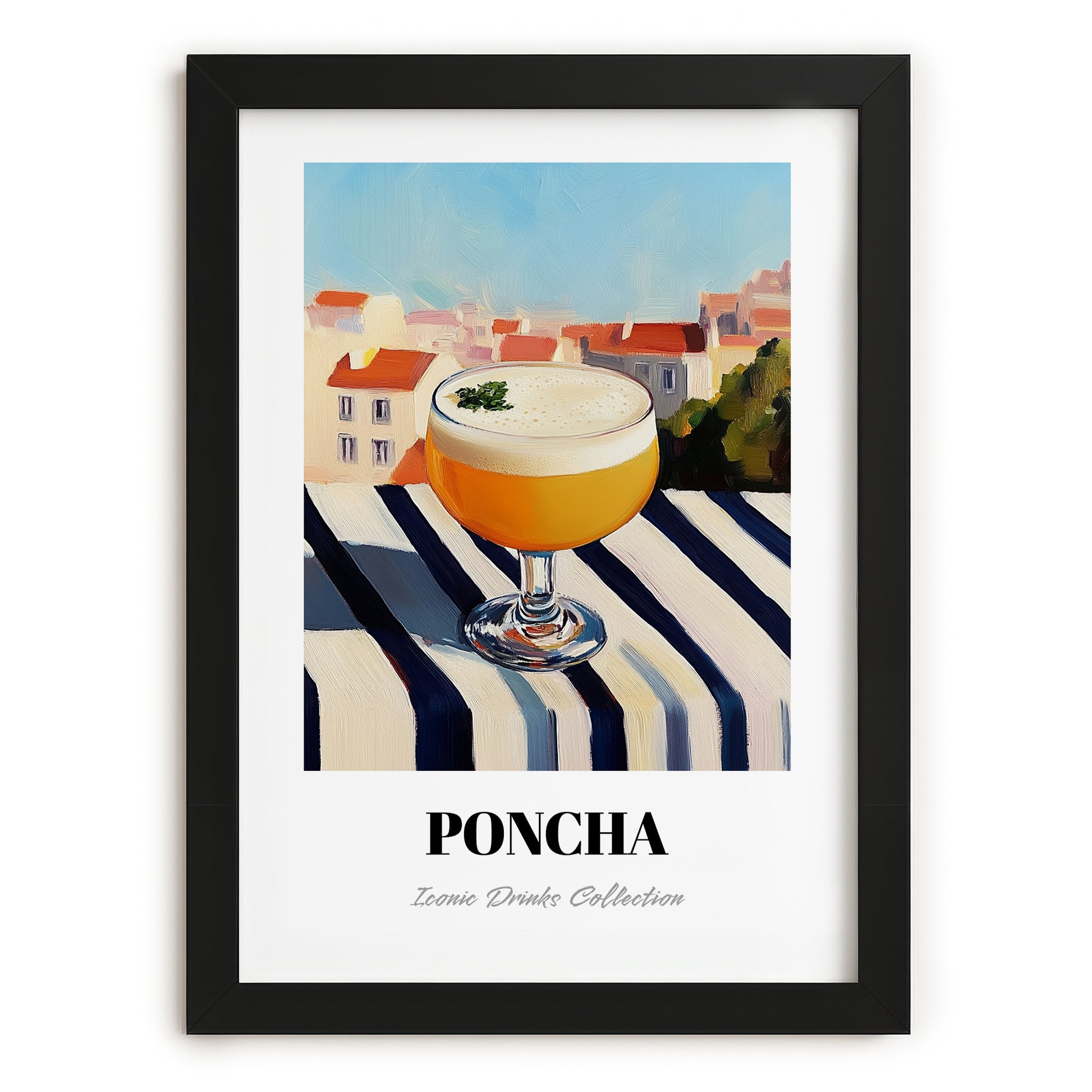 Poncha – Portuguese Outdoor Café Scene, Portuguese Cocktail Painting, in sleek black frame
