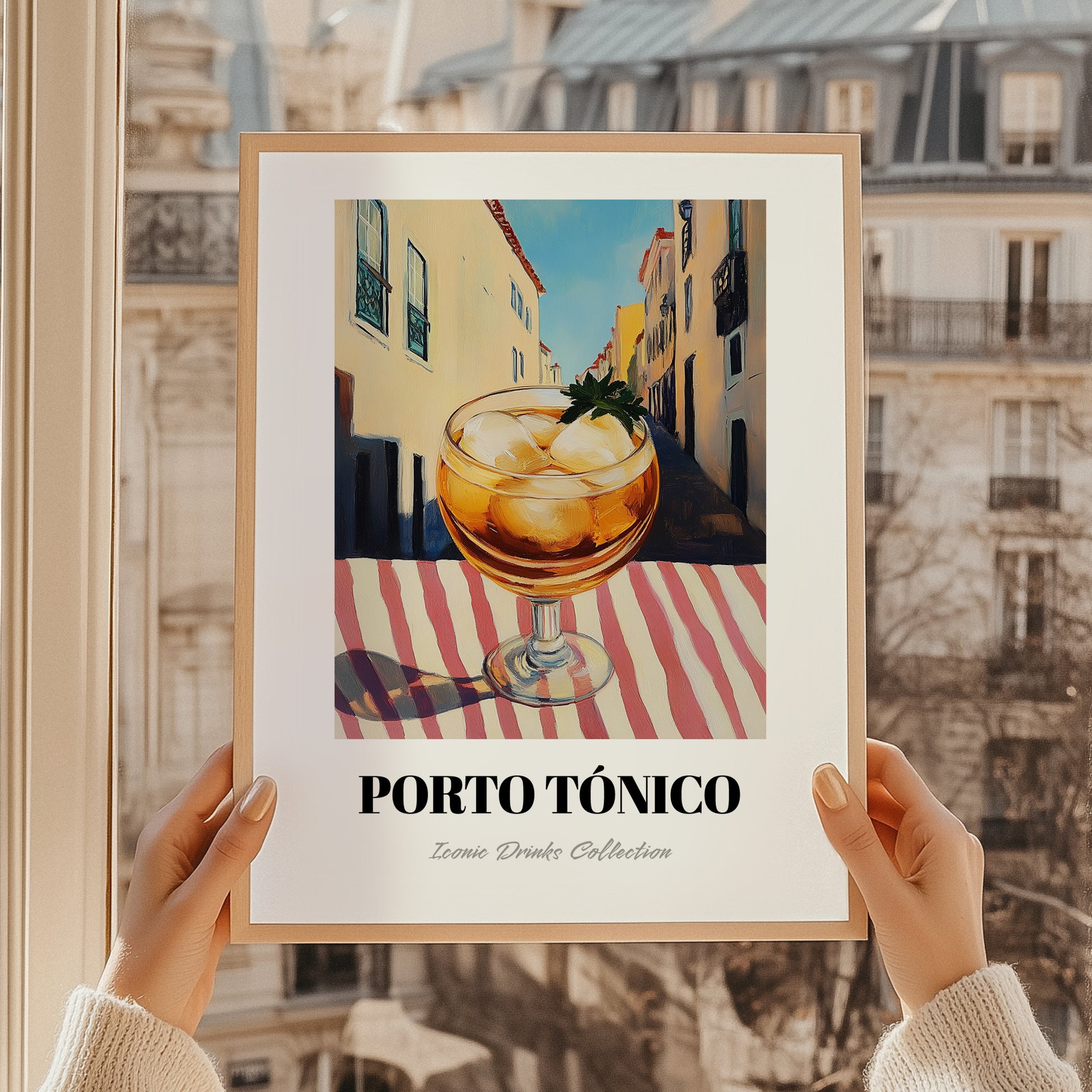 Porto Tónico – Portuguese Outdoor Café Scene, Portuguese Cocktail Illustration, styled in a charming Paris street view