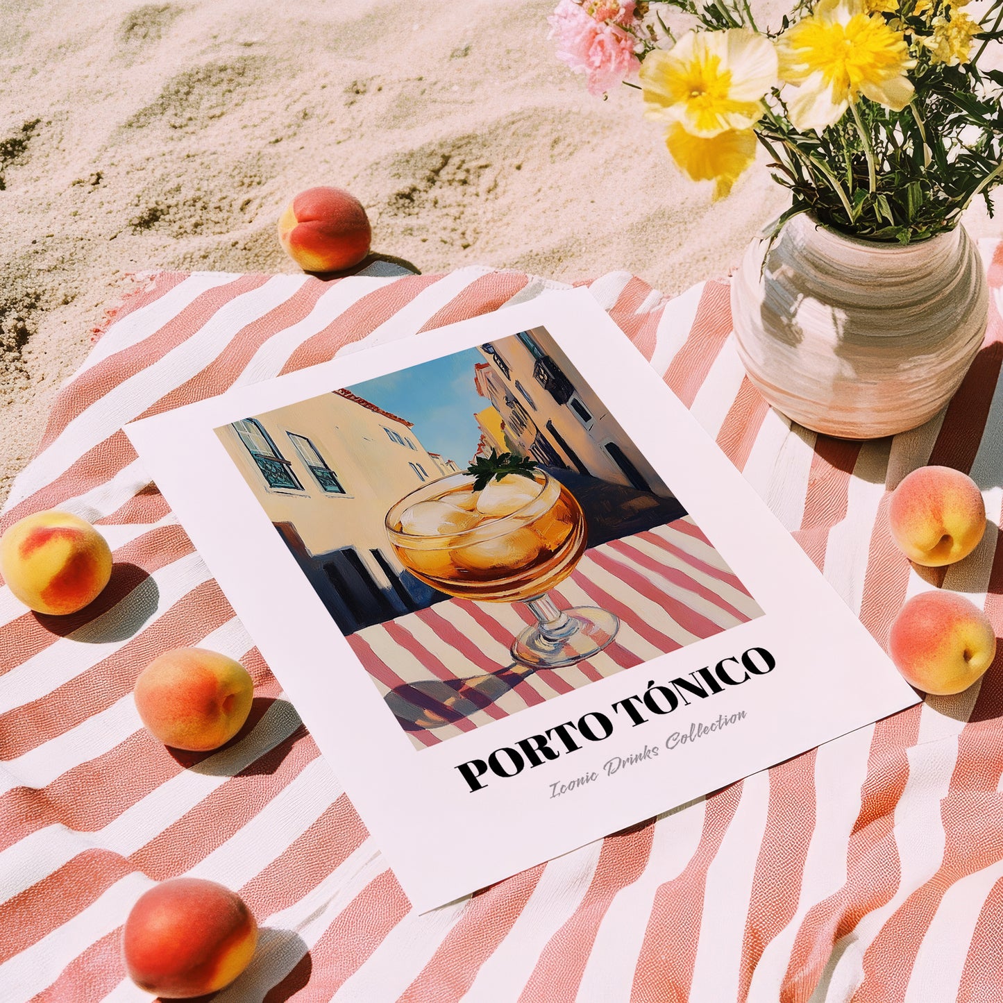 Porto Tónico – Portuguese Outdoor Café Scene, Portuguese Cocktail Illustration, unframed on coastal sand