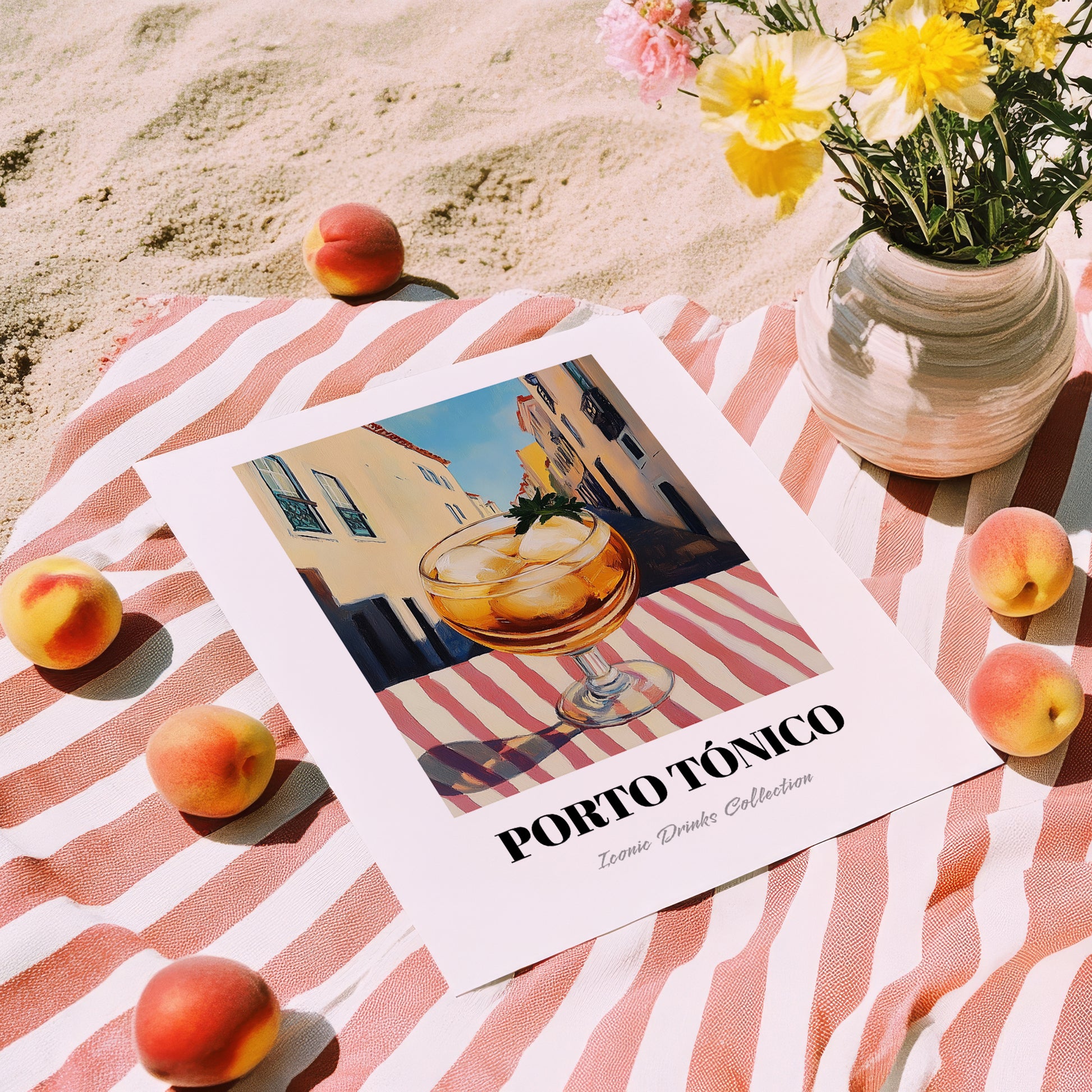 Porto Tónico – Portuguese Outdoor Café Scene, Portuguese Cocktail Illustration, unframed on coastal sand