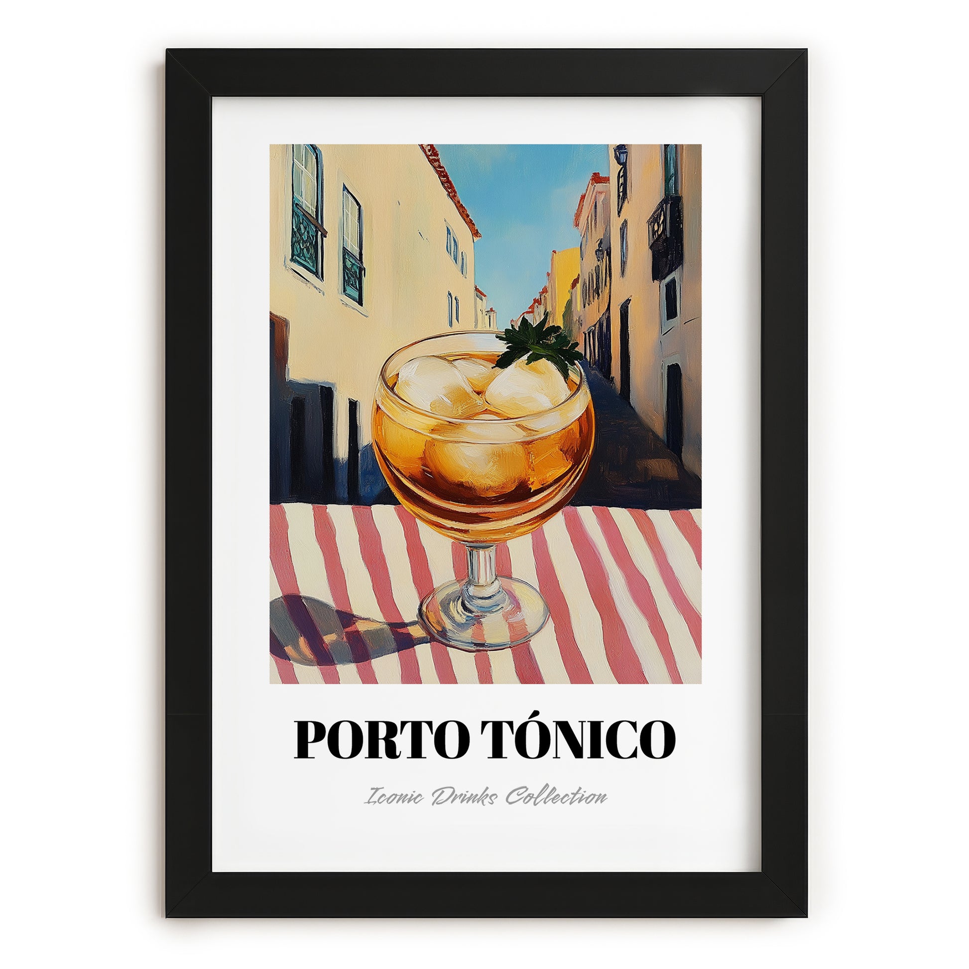 Porto Tónico – Portuguese Outdoor Café Scene, Portuguese Cocktail Illustration, in sleek black frame