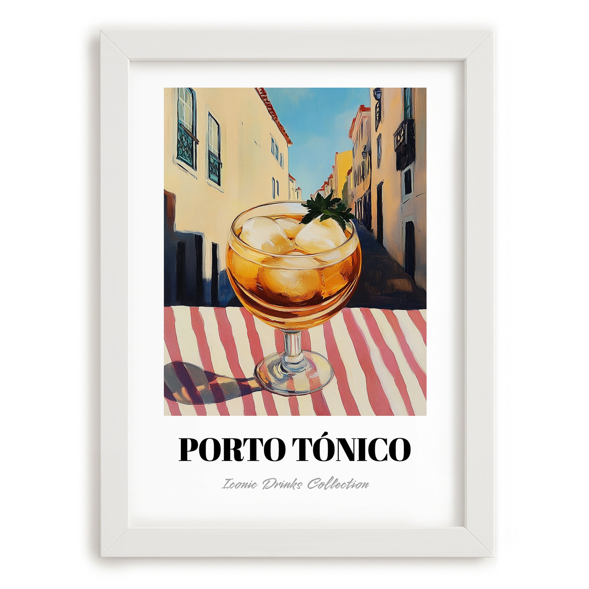 Porto Tónico – Portuguese Outdoor Café Scene, Portuguese Cocktail Illustration, placed in minimal white frame