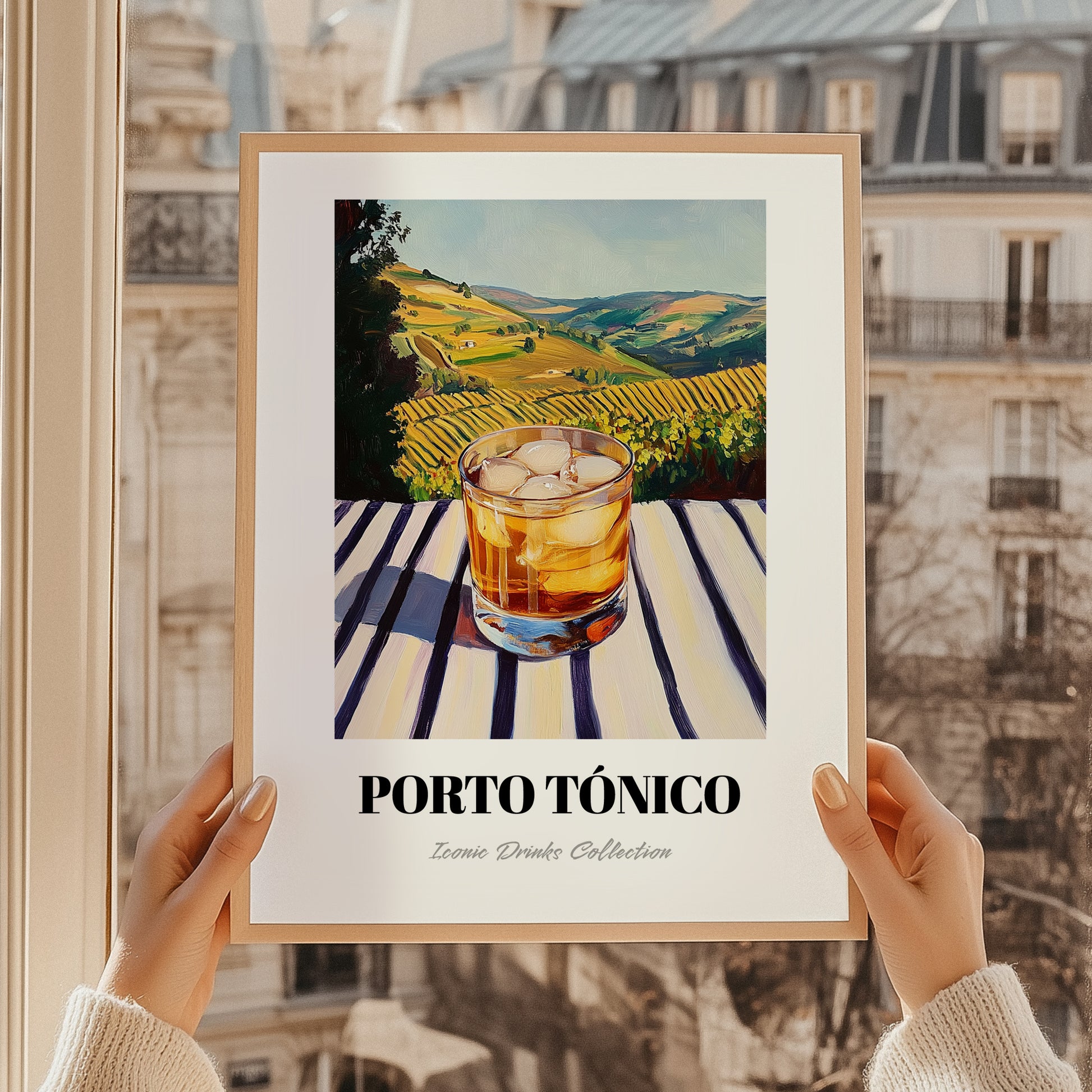 Porto Tónico – Portuguese Hilltop Table Scene, Portuguese Cocktail Wall Decor, styled in a charming Paris street view