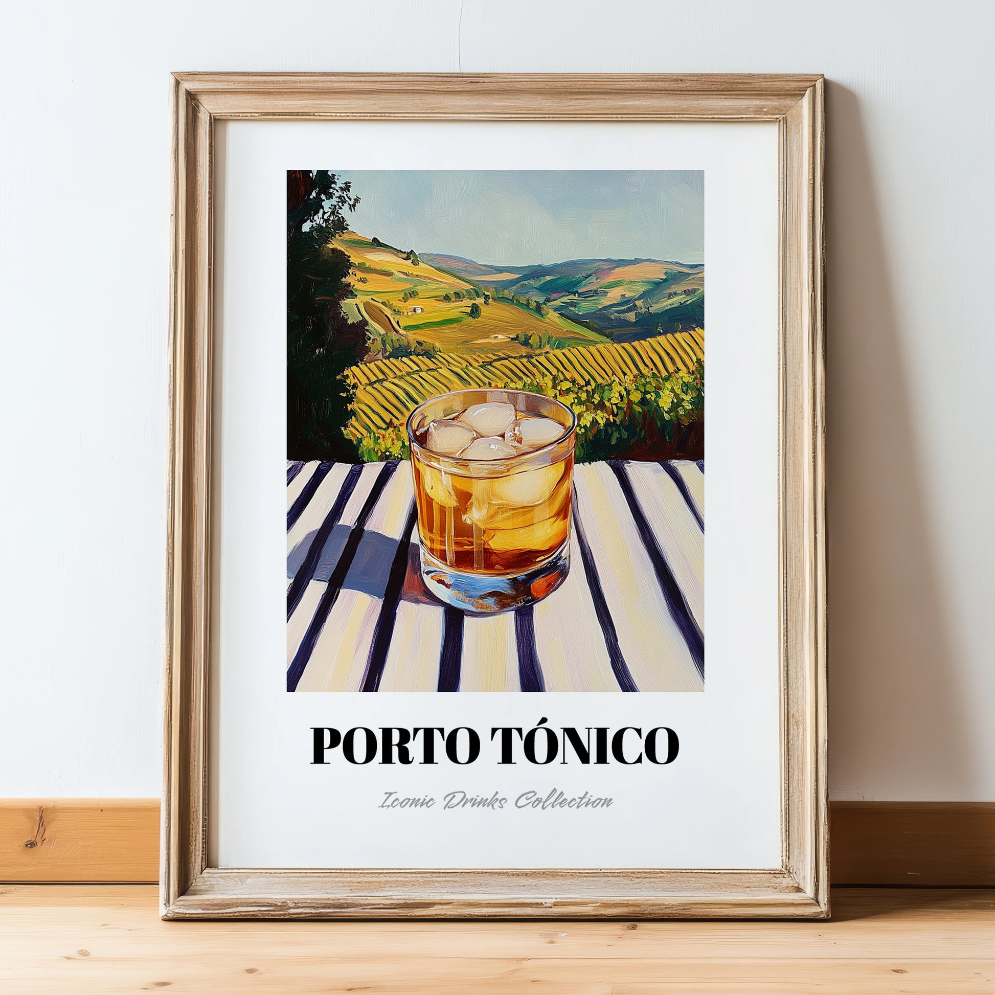 Porto Tónico – Portuguese Hilltop Table Scene, Portuguese Cocktail Wall Decor, in wooden frame leaning on the floor