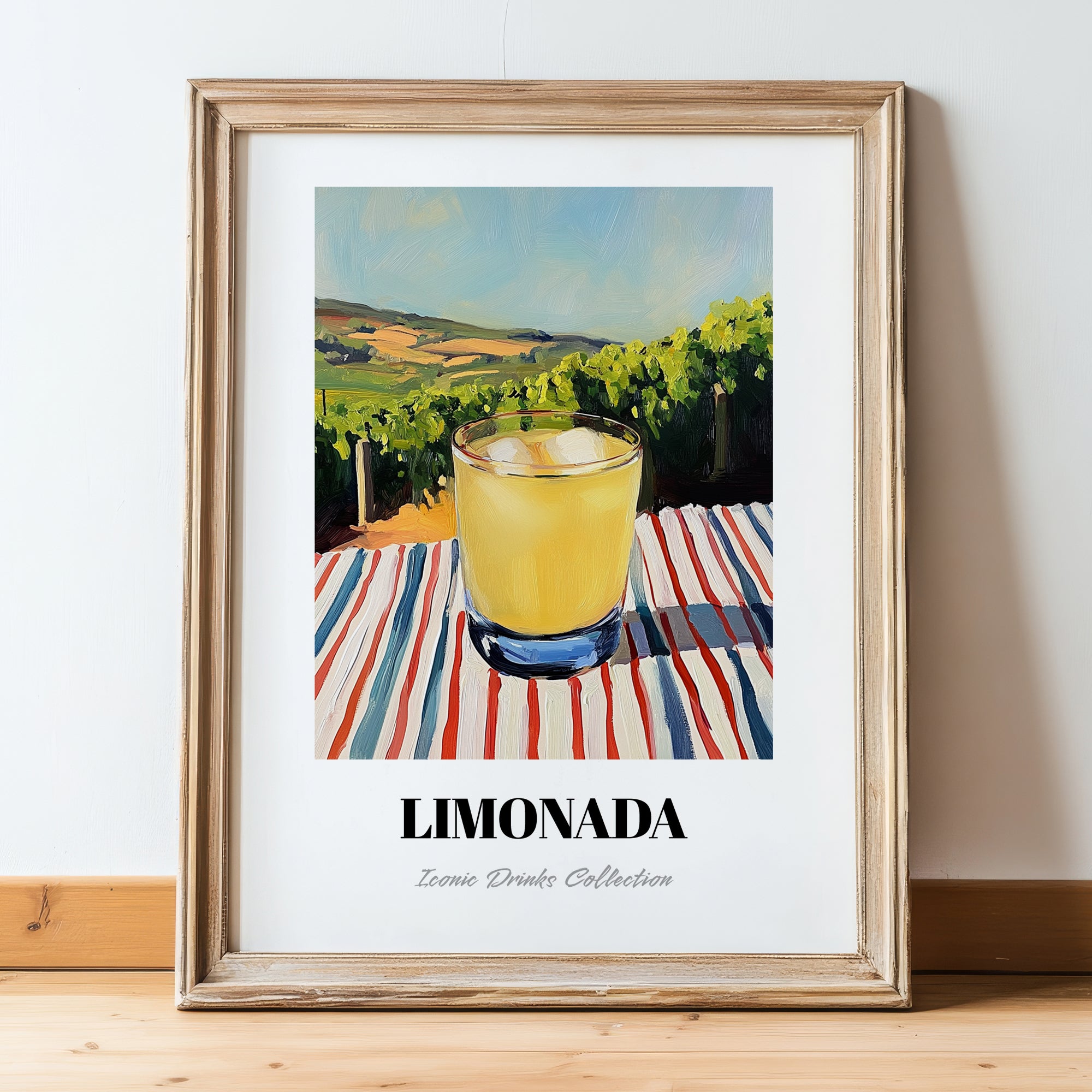 Limonada – Portuguese Hillside Café View, Portuguese Lemonade Painting, in wooden frame leaning on the floor