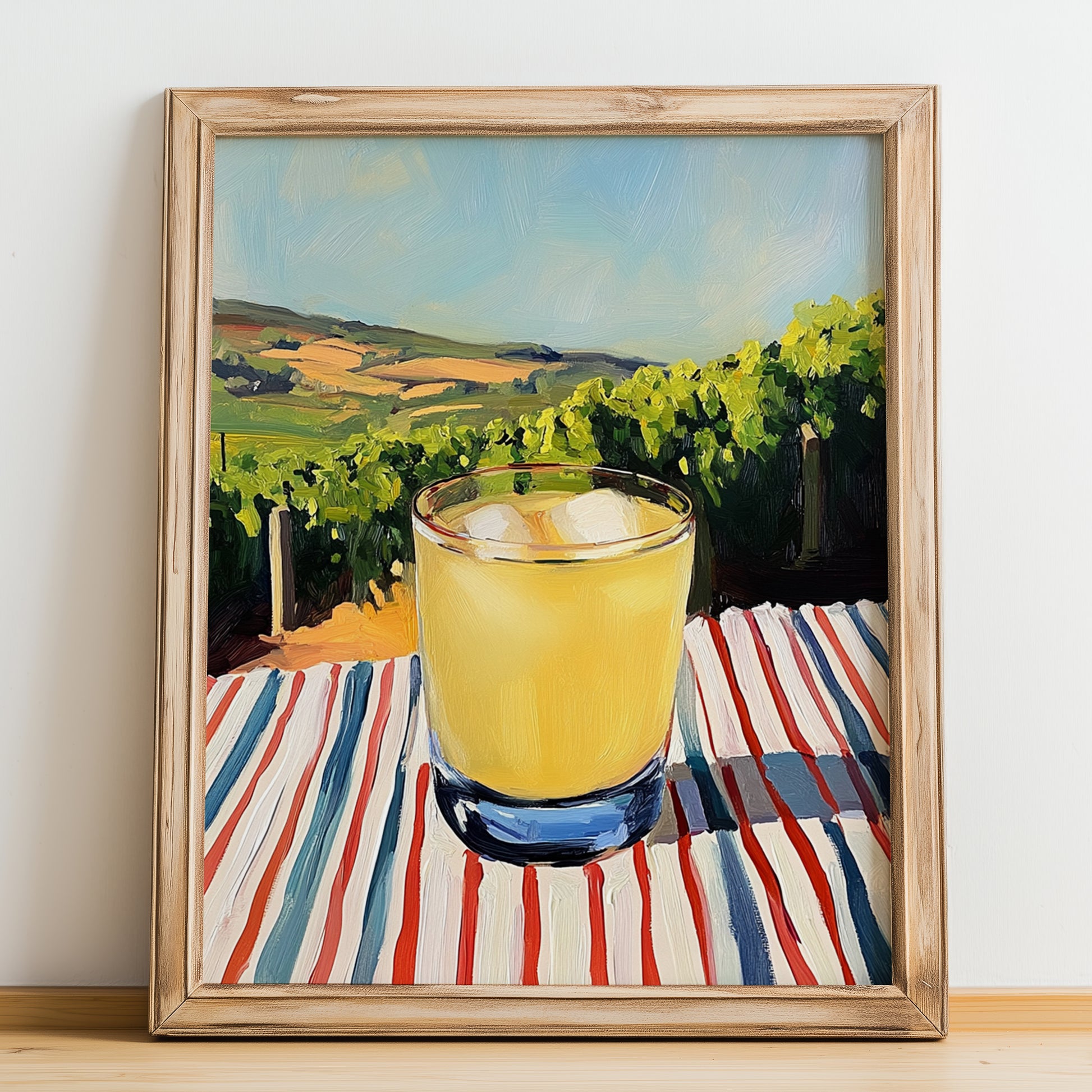 Limonada – Portuguese Hillside Café View, Portuguese Lemonade Painting, no-text version framed in wood