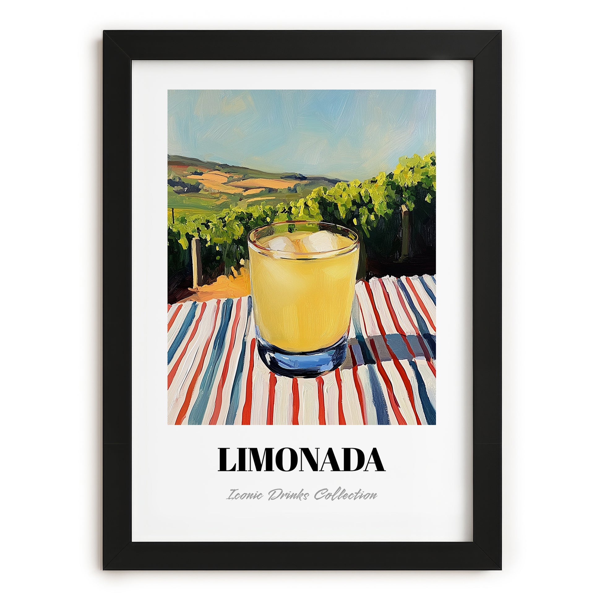 Limonada – Portuguese Hillside Café View, Portuguese Lemonade Painting, in sleek black frame