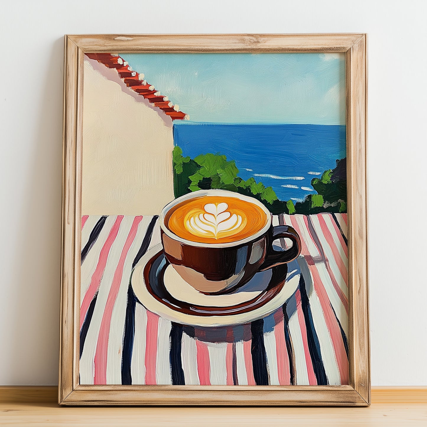 Bica – Portuguese Seaside Scene, Portuguese Coffee Wall Decor, no-text version framed in wood