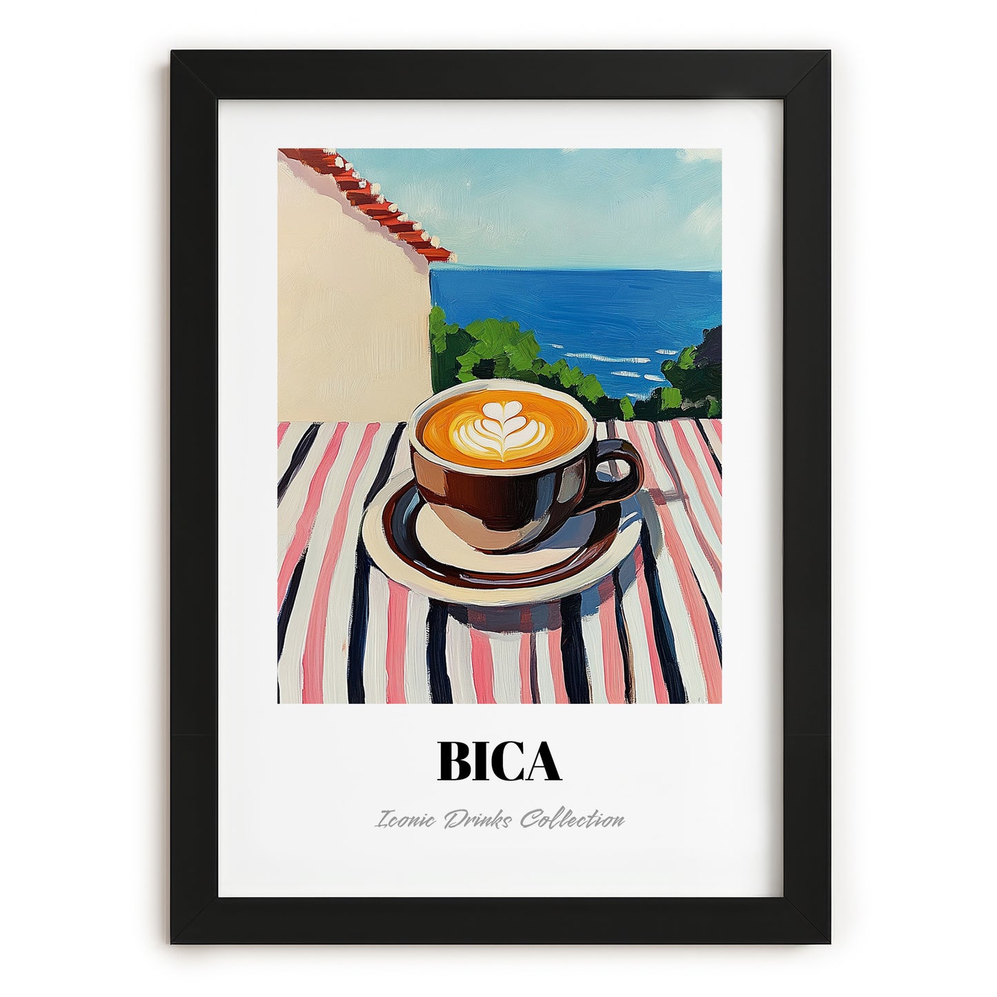 Bica – Portuguese Seaside Scene, Portuguese Coffee Wall Decor, in sleek black frame