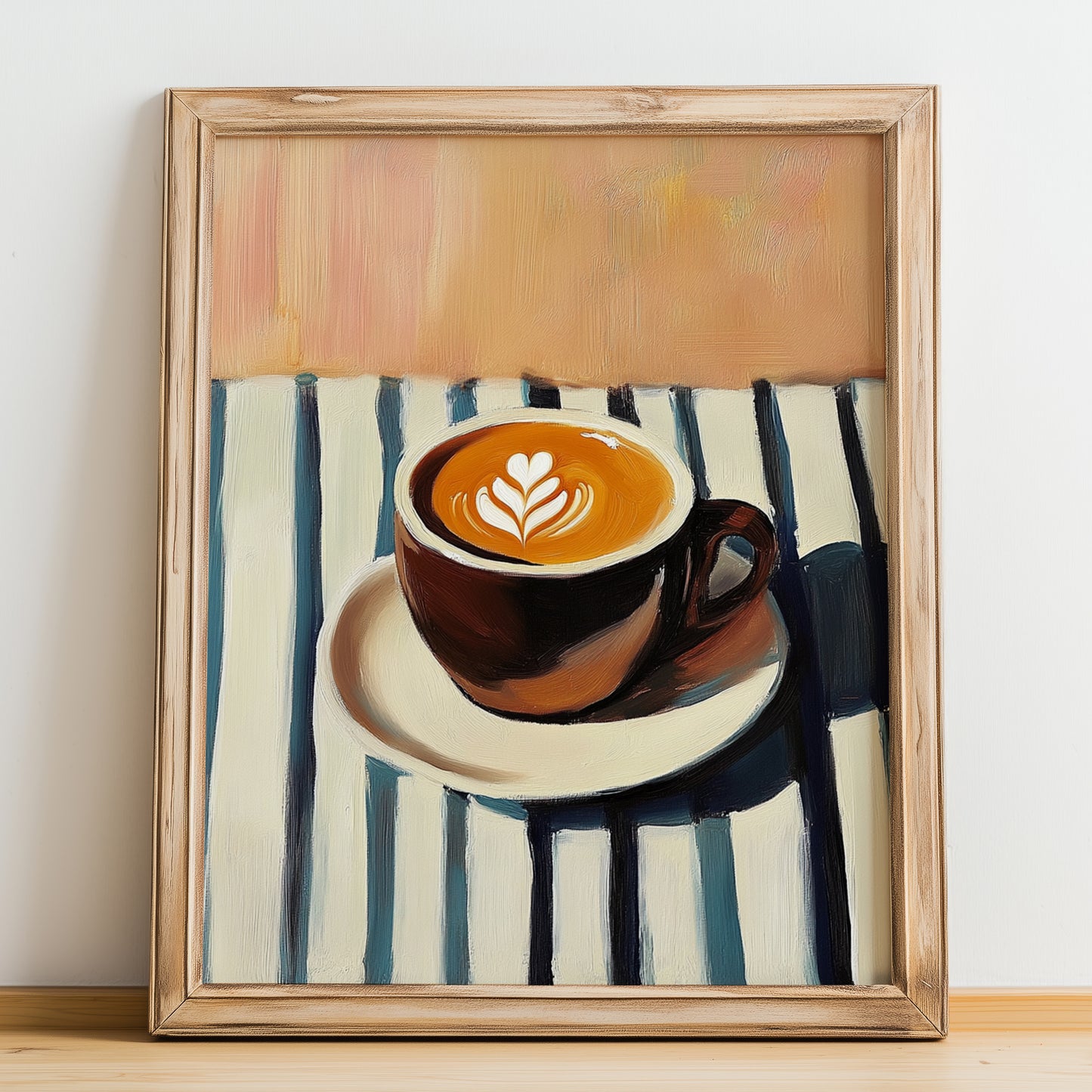 Bica – on Striped Tablecloth, Portuguese Coffee Still Life, no-text version framed in wood