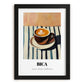 Bica – on Striped Tablecloth, Portuguese Coffee Still Life, in sleek black frame