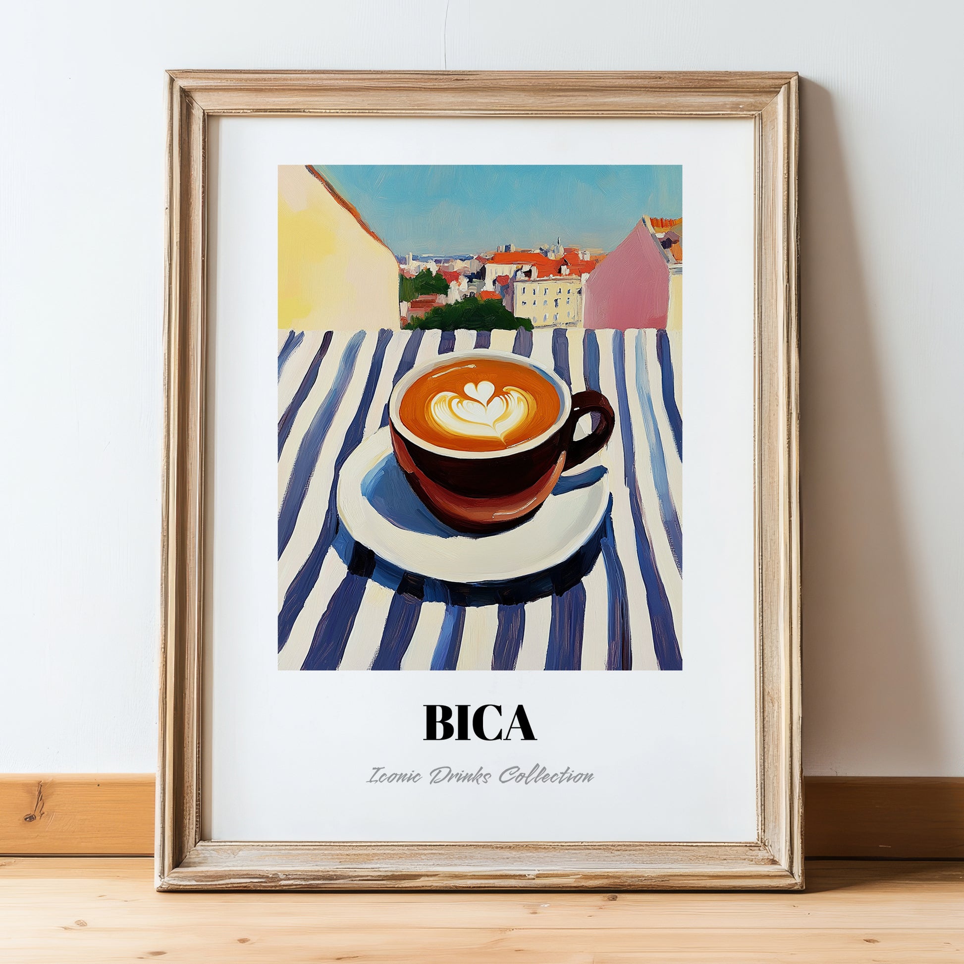 Bica – Portuguese Urban Café Scene, Portuguese Coffee Poster, in wooden frame leaning on the floor