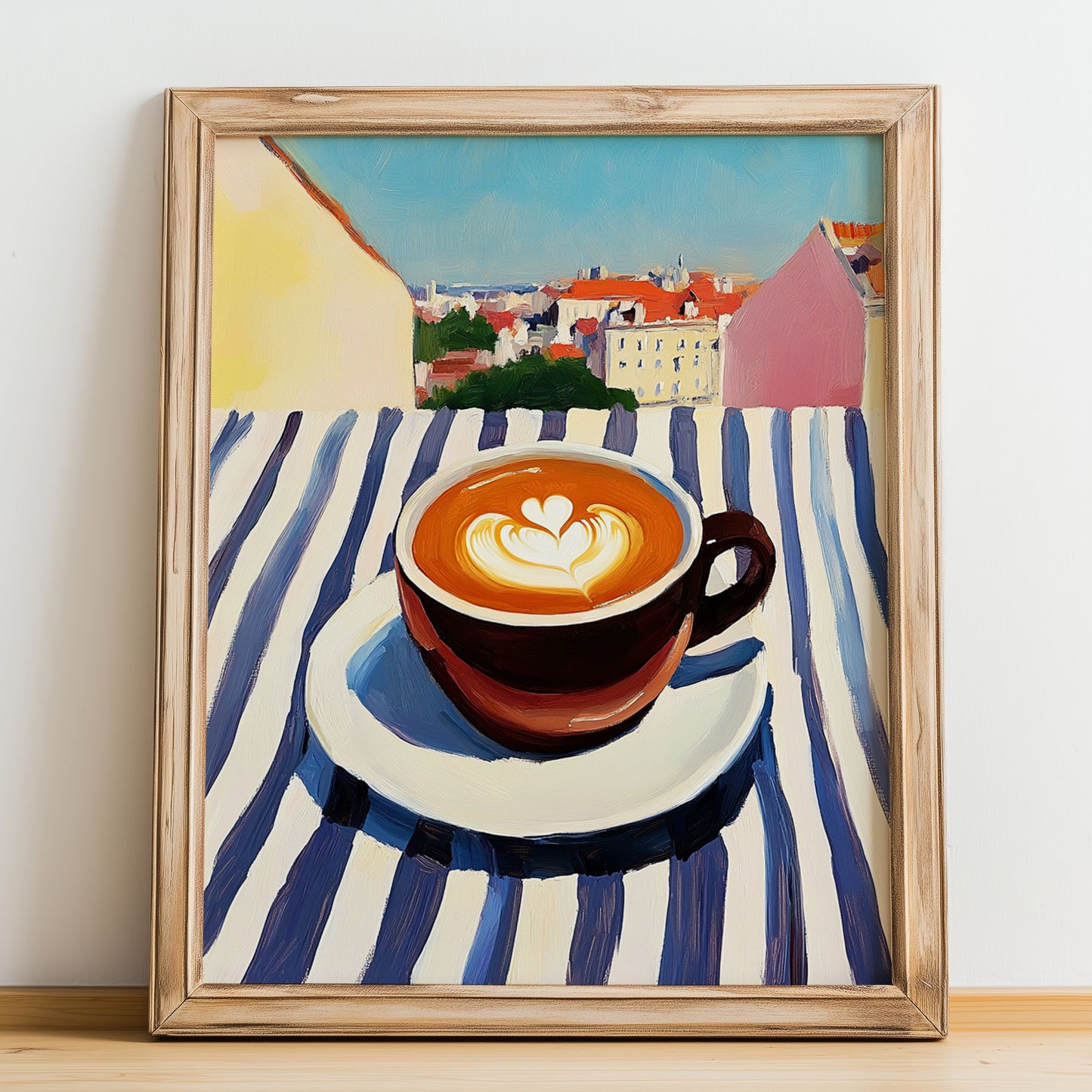 Bica – Portuguese Urban Café Scene, Portuguese Coffee Poster, no-text version framed in wood