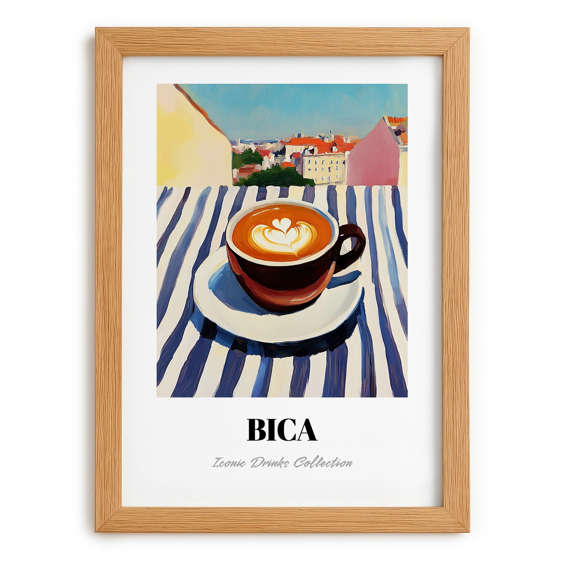 Bica – Portuguese Urban Café Scene, Portuguese Coffee Poster, set in oak frame